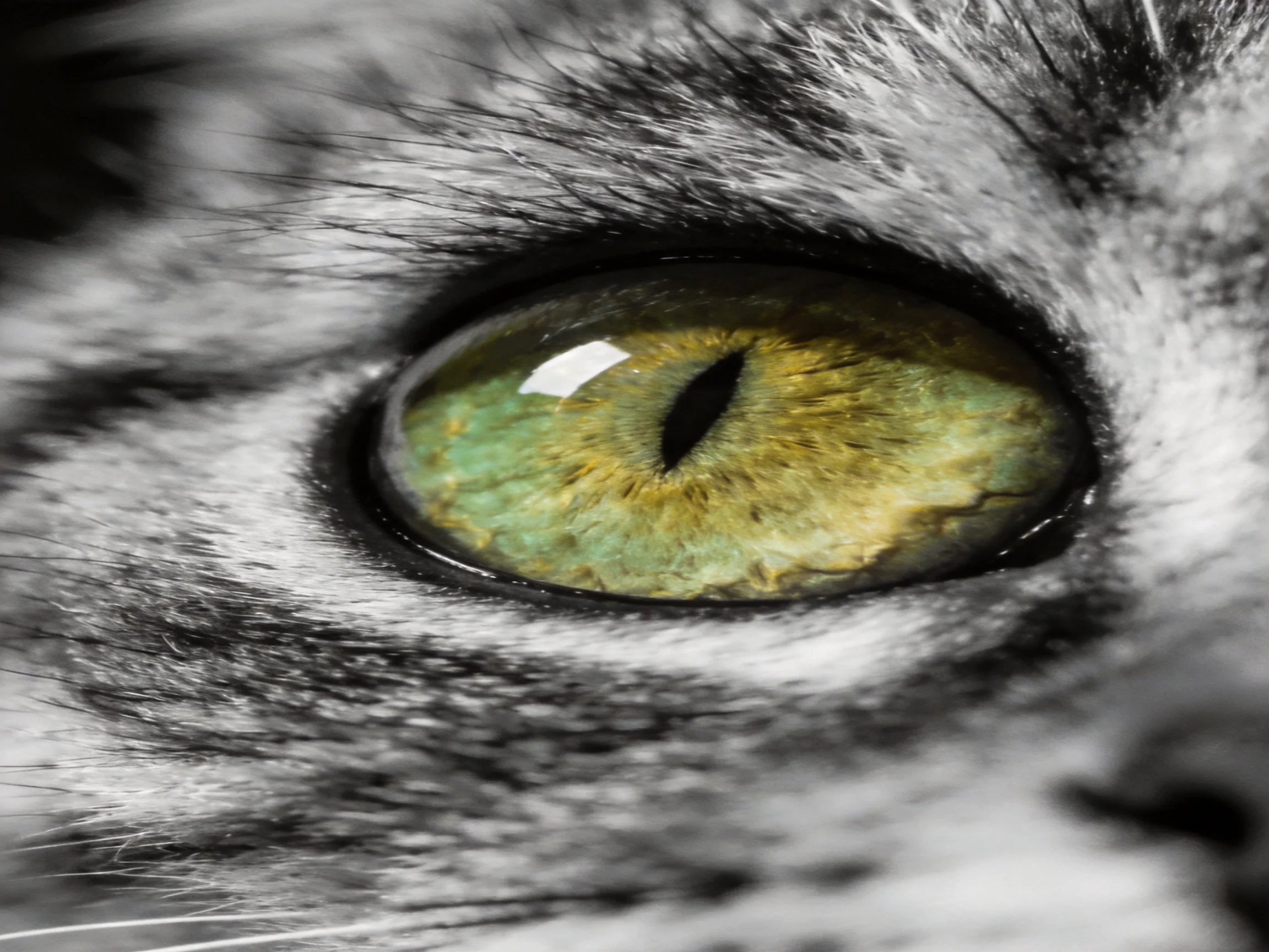 A close - up shows a cat’s eye with a bright green iris surrounded by striped fur.
