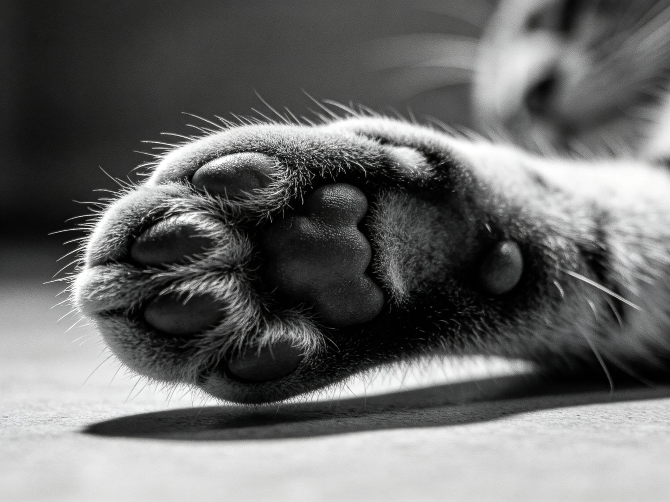 Close - up of a cat’s paw with detailed pads and monochrome tones