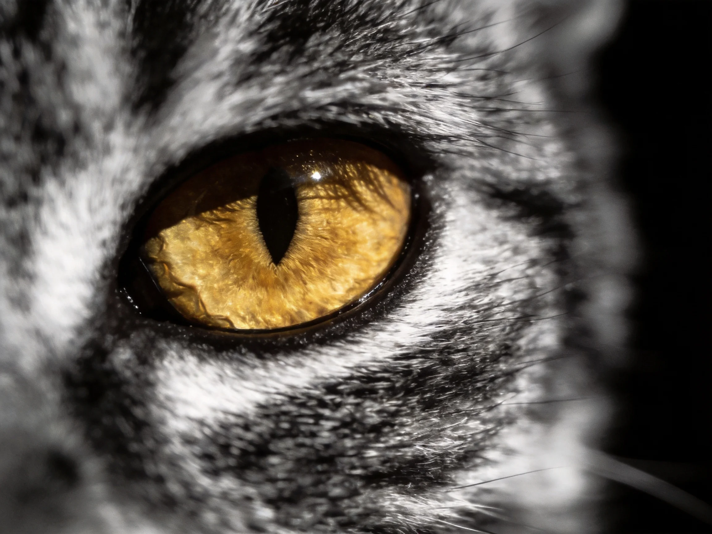 Close - up of a cat’s vibrant amber eye with contrasting black and white fur