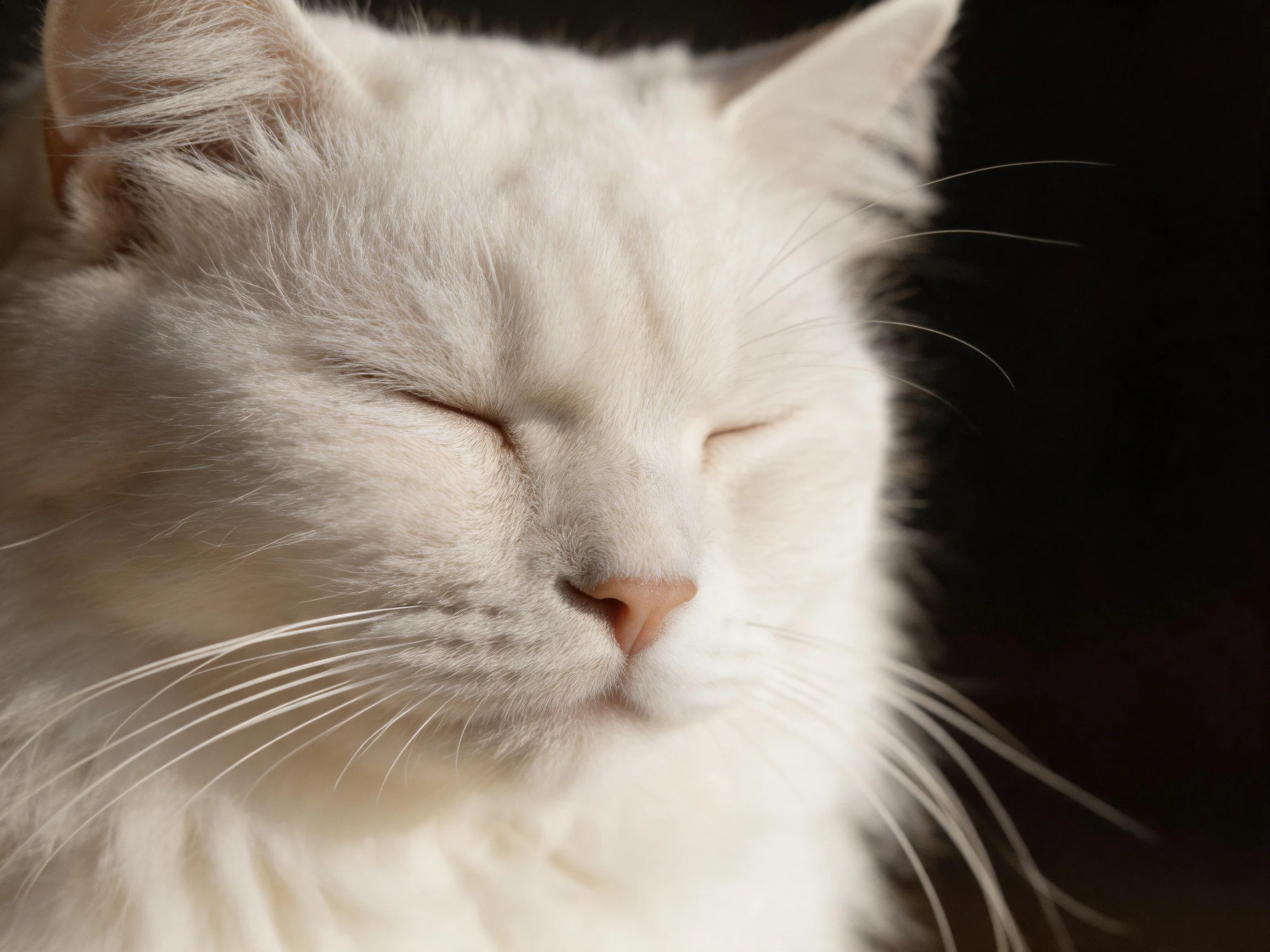 A white cat with closed eyes appears calm in the softly lit image.