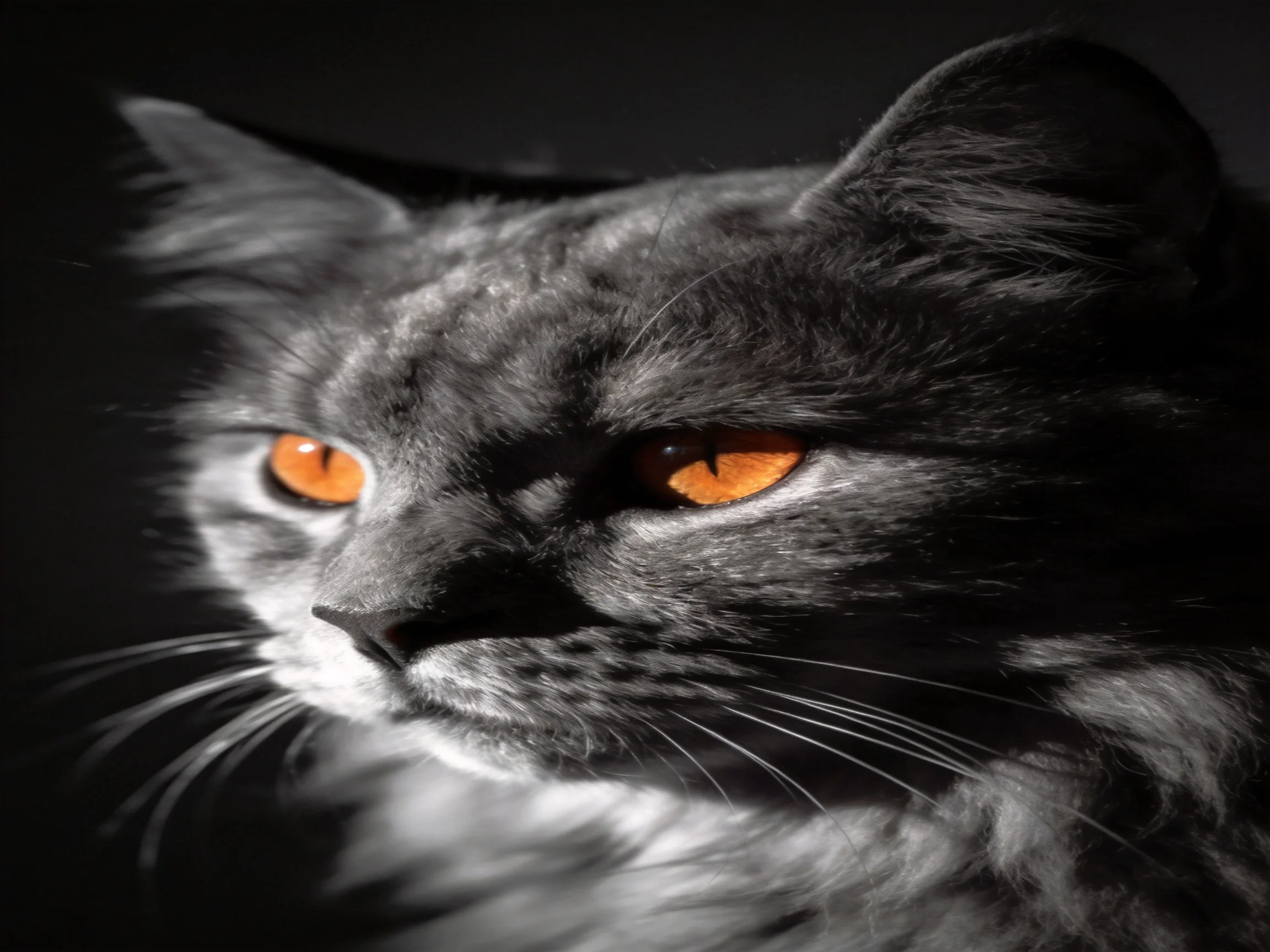 A gray cat with bright orange eyes is featured in a high - contrast image.