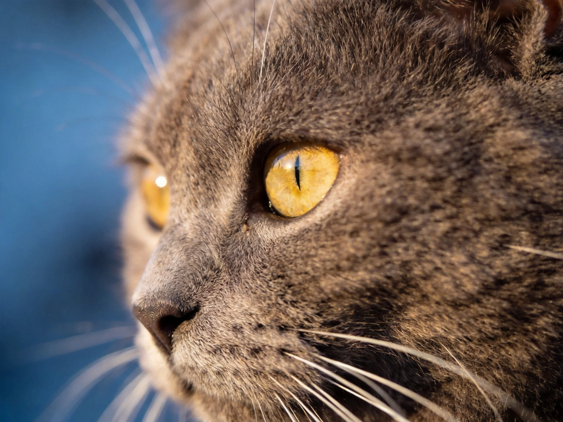 Close - up of a gray cat with vivid yellow eyes