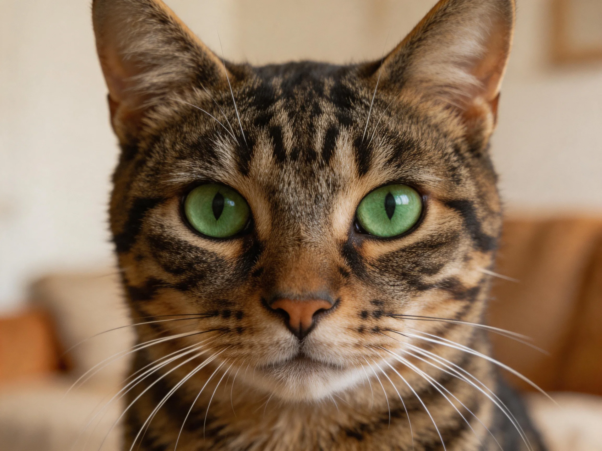 A tabby cat with bright green eyes is shown in a close - up photograph.