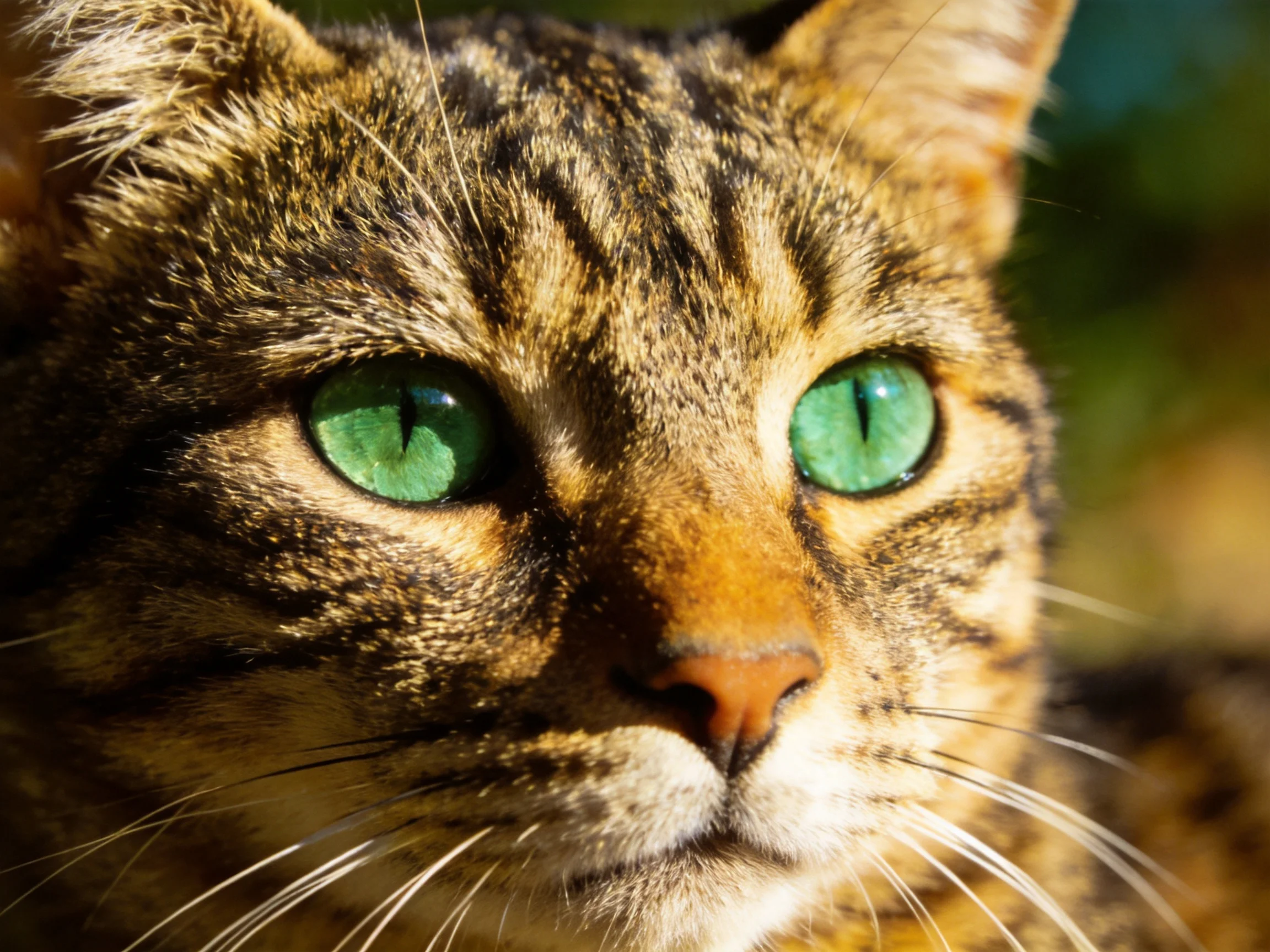A tabby cat with striking green eyes is shown in a close - up photograph.