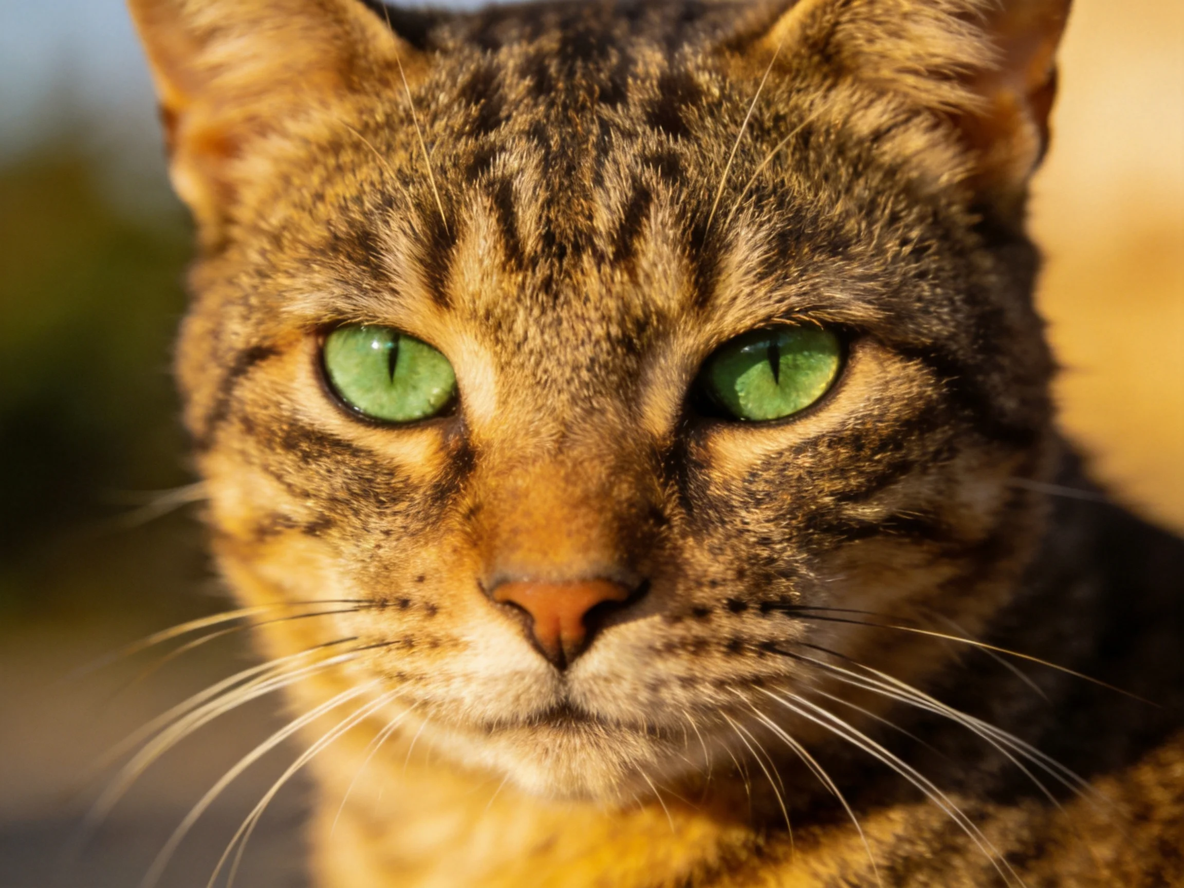A tabby cat with bright green eyes is shown in a close - up photograph.