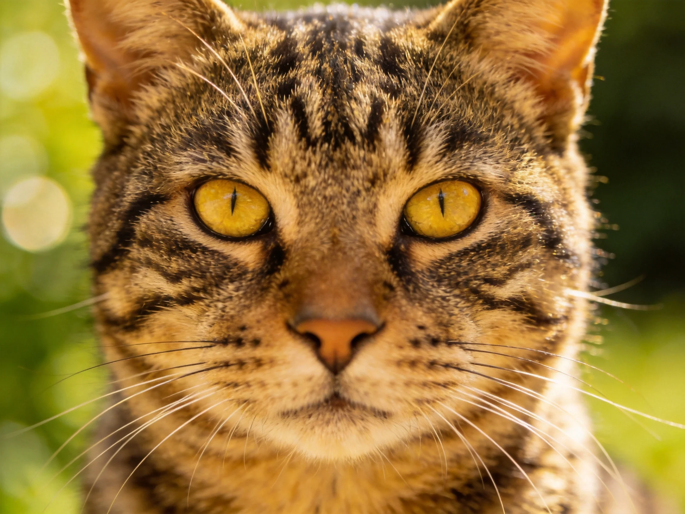 A close - up of a tabby cat with bright yellow eyes in an outdoor setting.