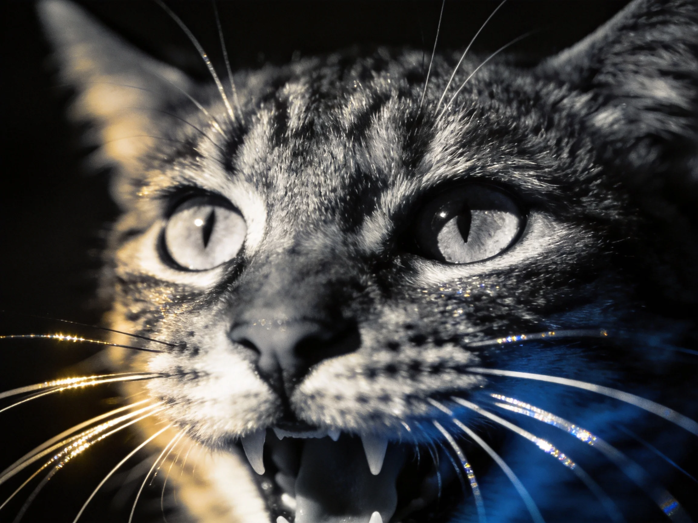 Close - up of a tabby cat with dramatic black, gold, and blue lighting
