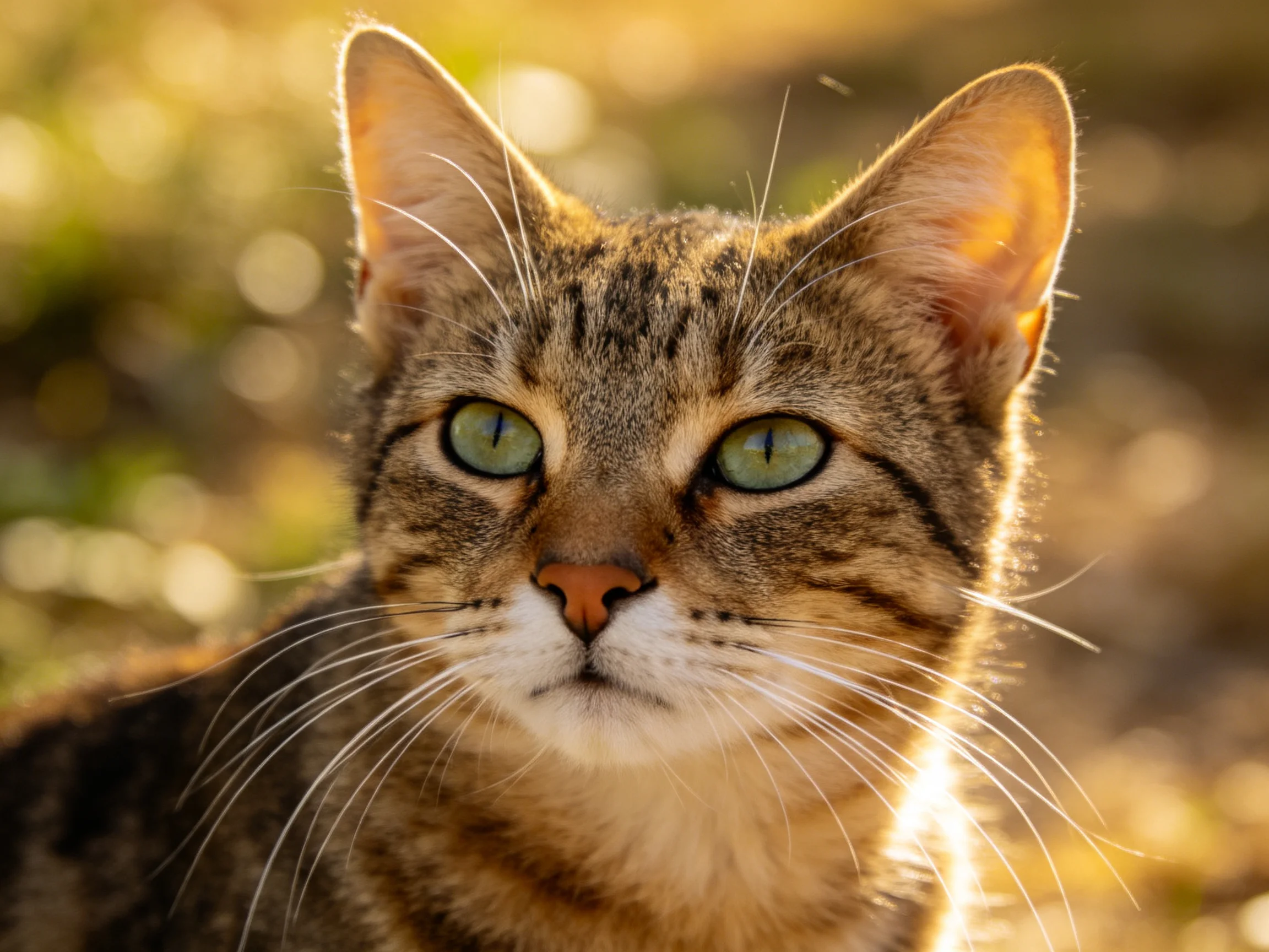 Close - up of a tabby cat with green eyes in a sunlit outdoor scene.