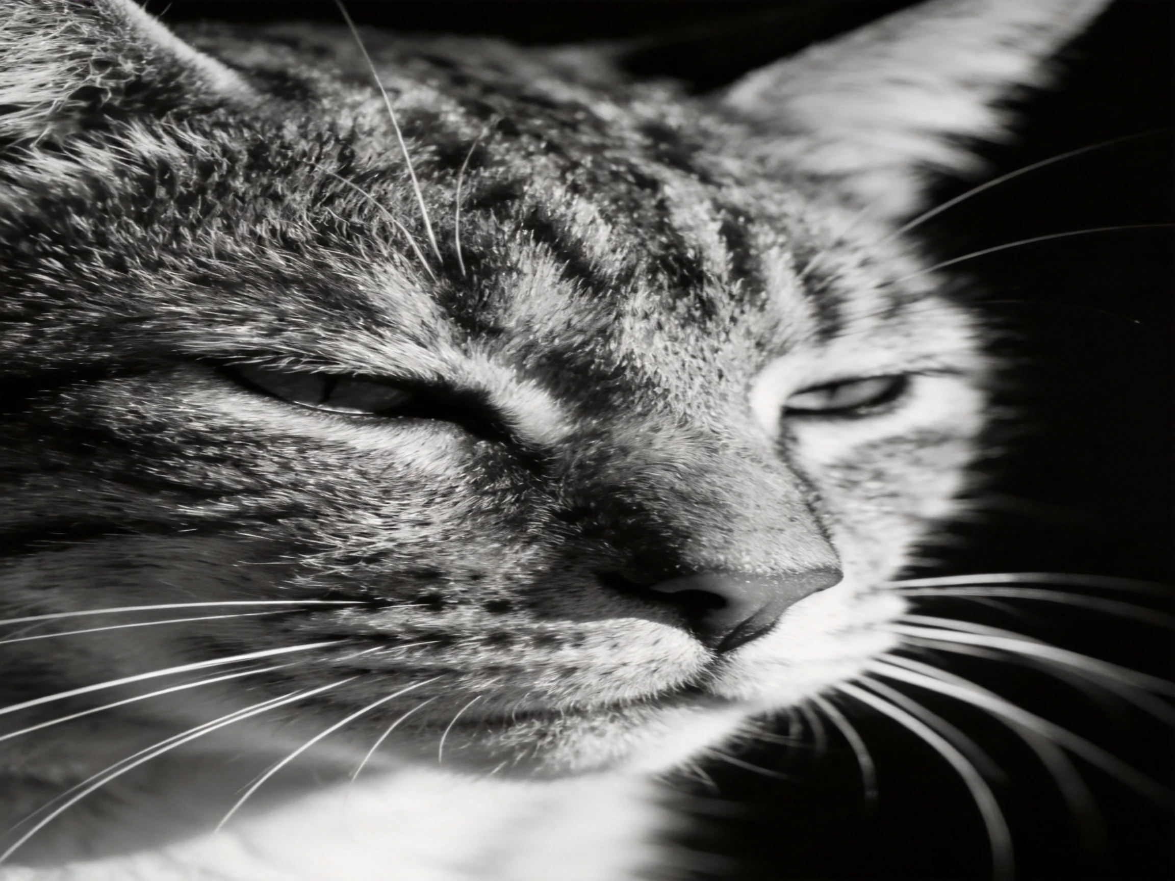 Close - up of a tabby cat with half - closed eyes in monochrome