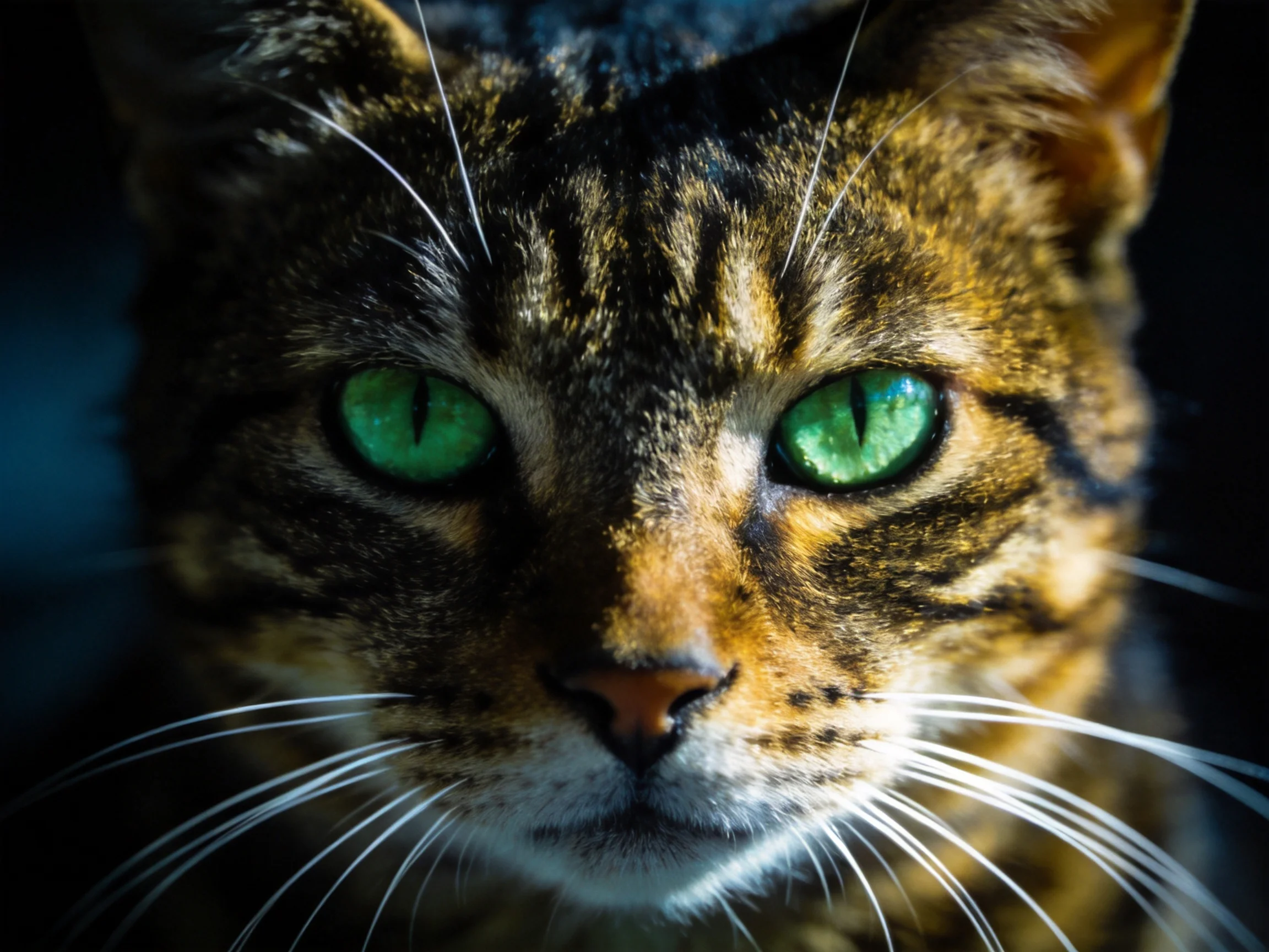 A tabby cat with vibrant green eyes is shown in a close - up photograph.