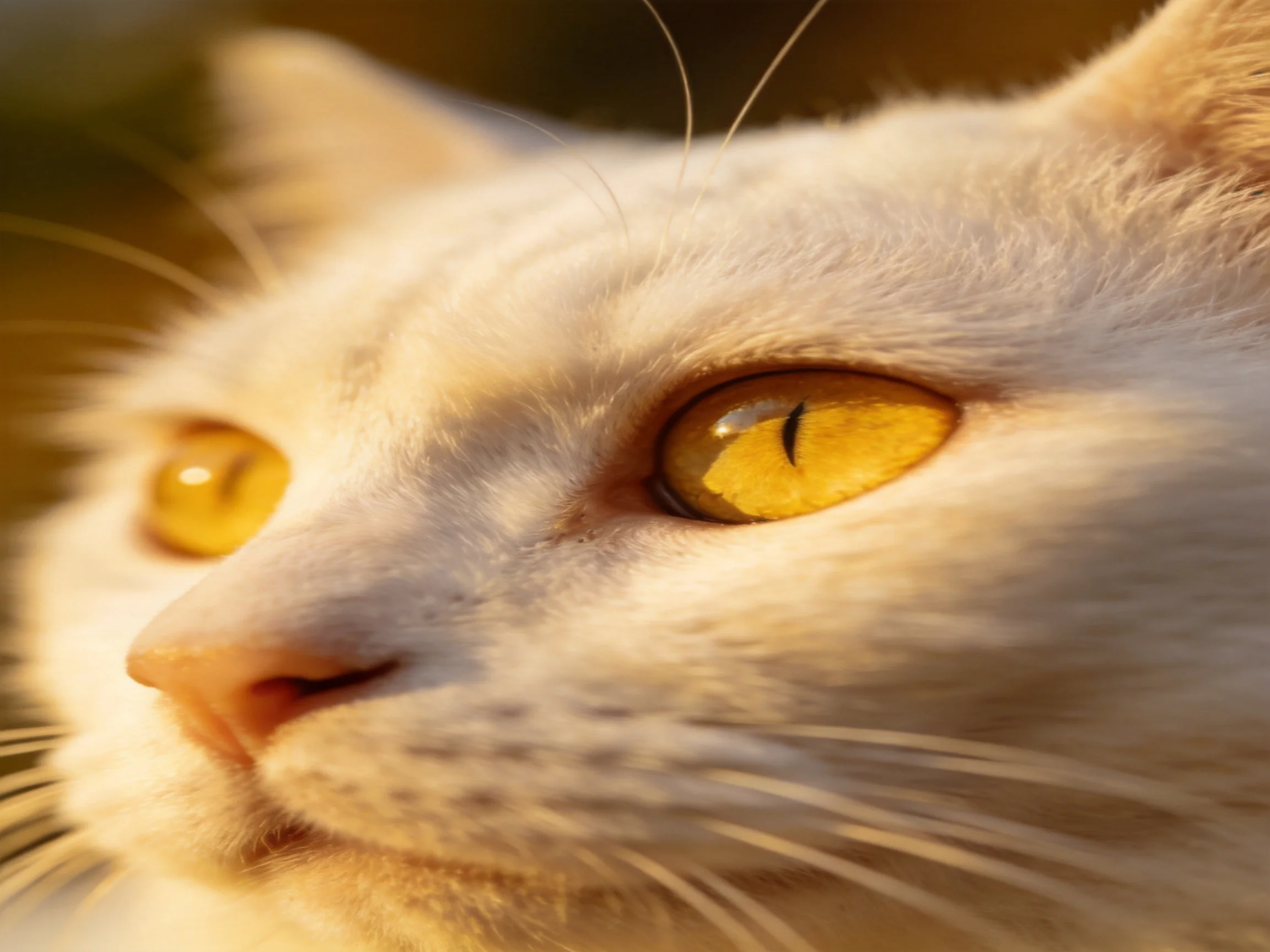 Close - up of a white cat with amber eyes, soft fur, warm lighting