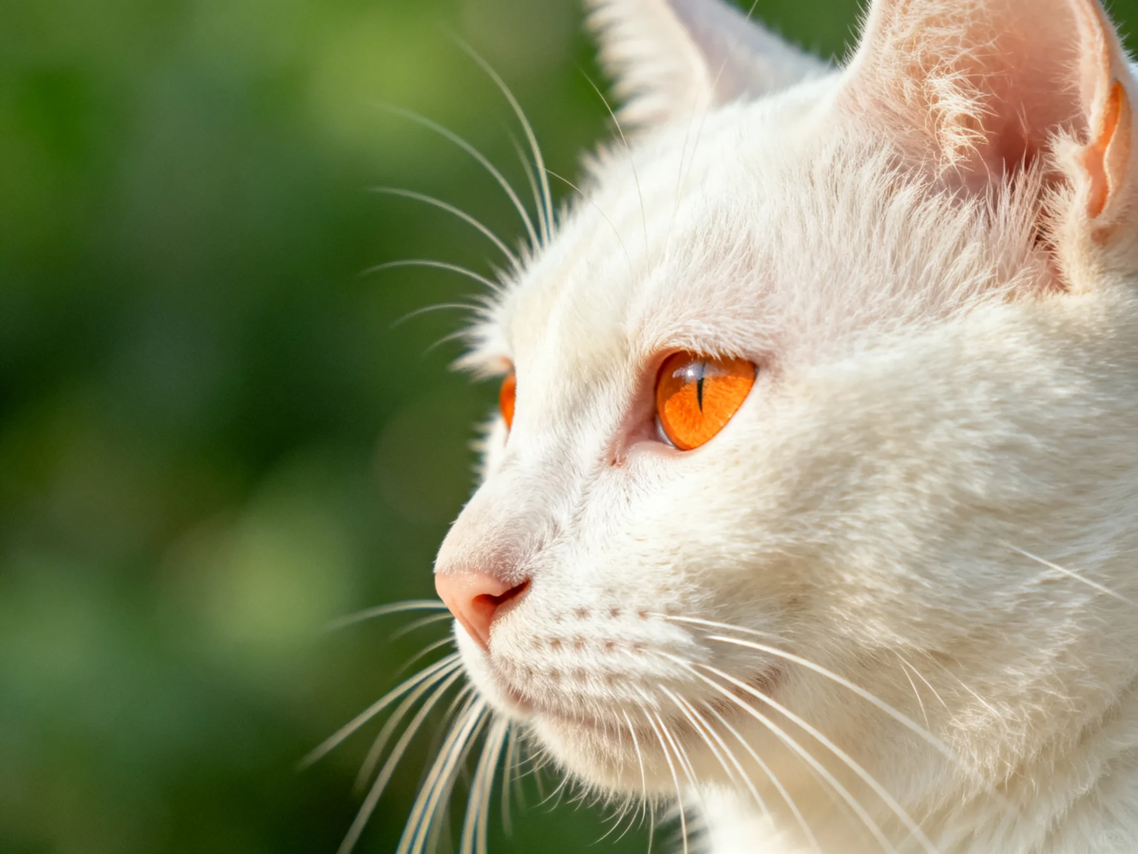 A white cat with orange eyes is shown in profile outdoors.