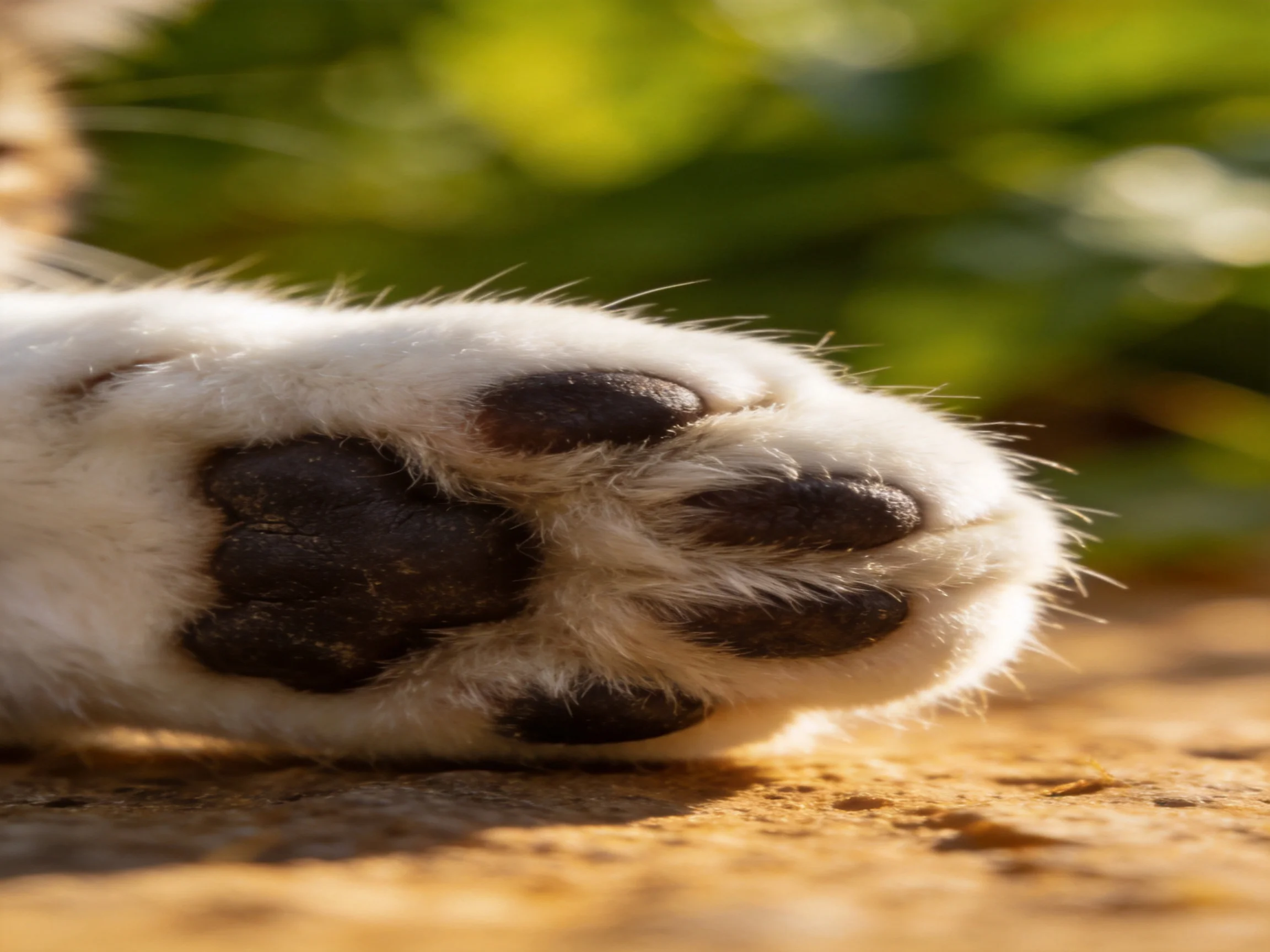 Close - up of a white cat’s paw with dark pads on a sunlit surface