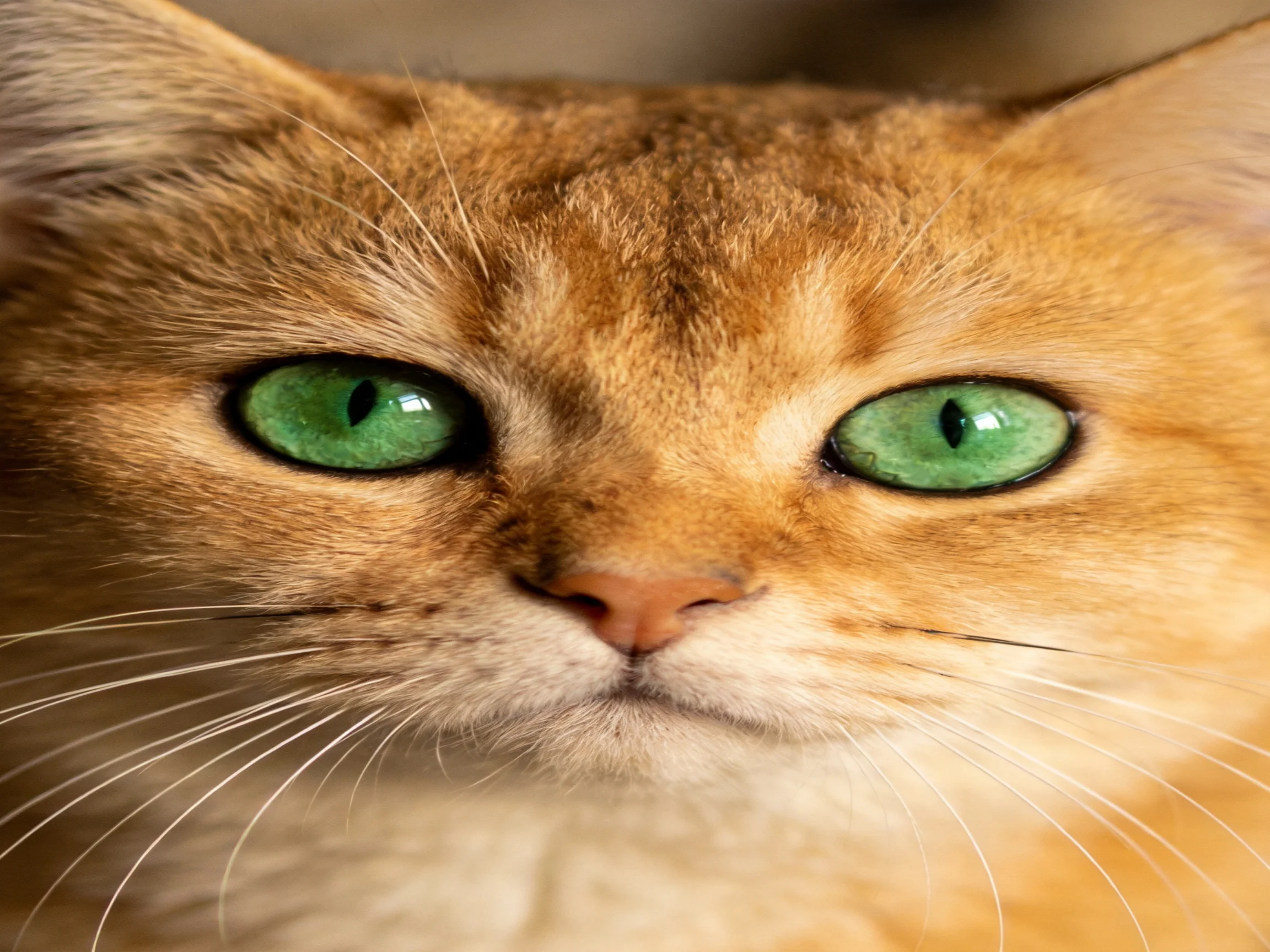 A close - up shows an orange cat with bright green eyes.