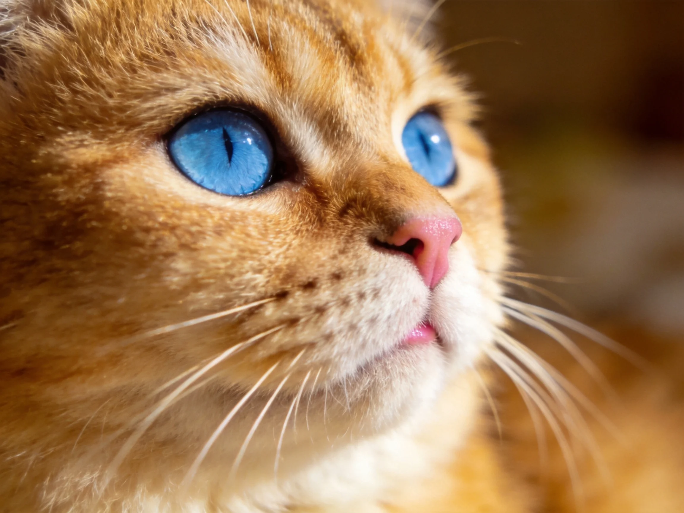 A close - up of an orange cat with blue eyes.