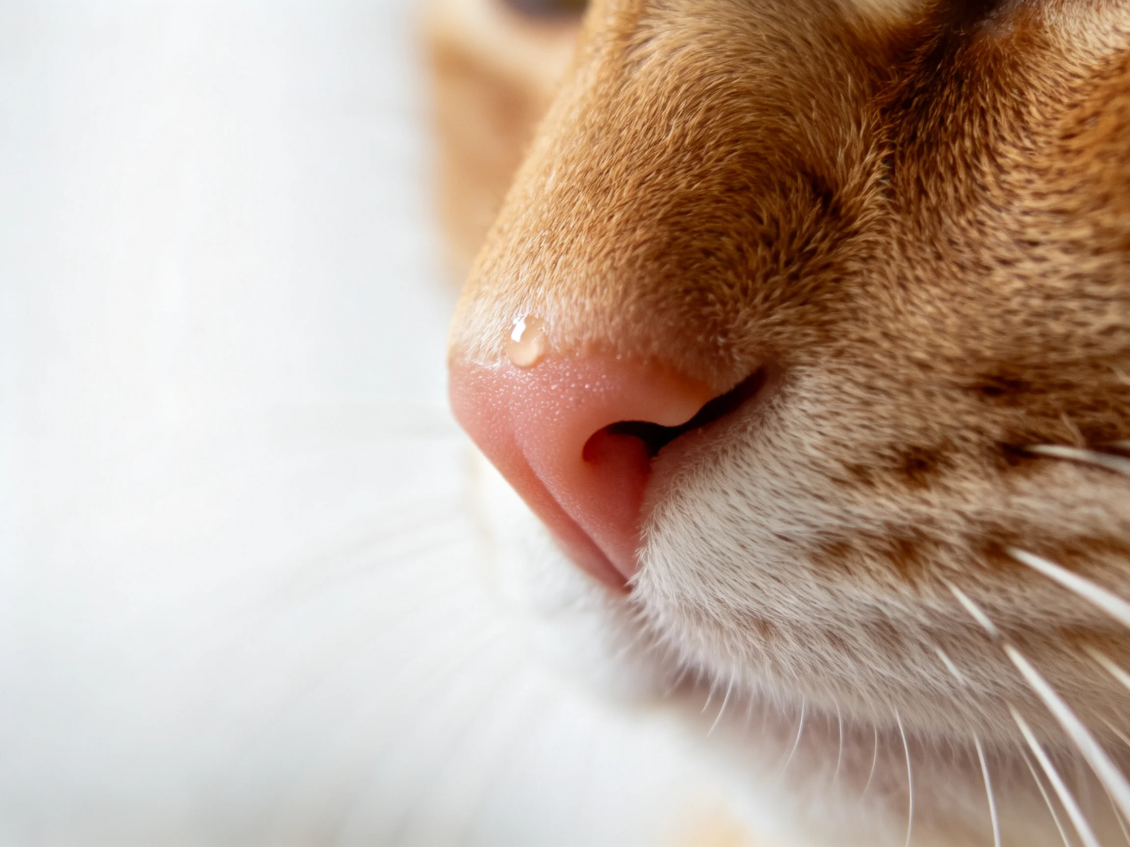 Close - up of an orange cat’s pink nose with a small droplet