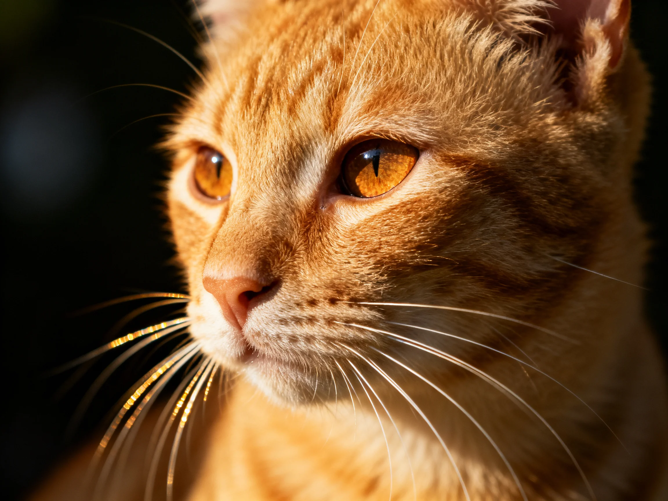 An orange tabby cat gazes calmly with amber eyes in a dark setting.