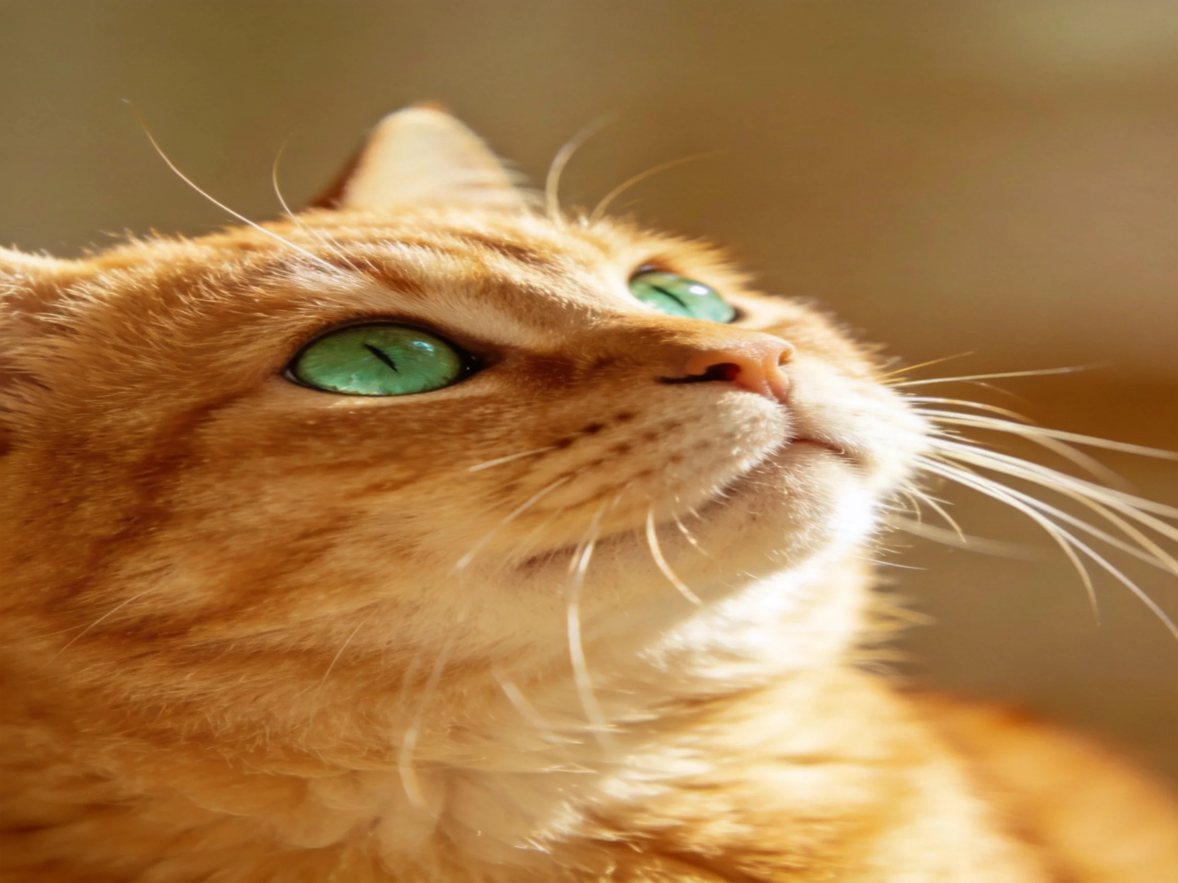 An orange tabby cat with bright green eyes gazes upward.