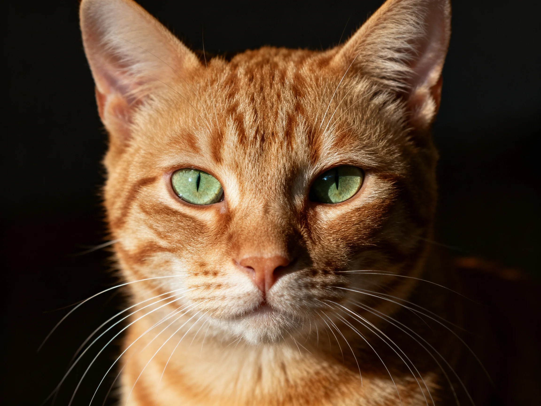 A close - up of an orange tabby cat with green eyes against a dark background.