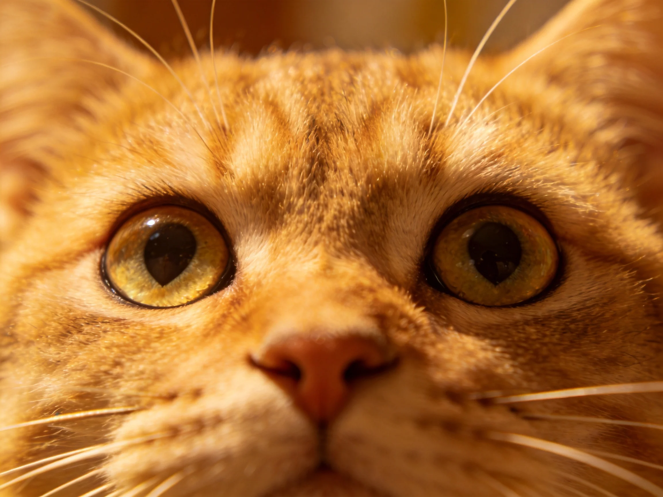 A close - up focuses on an orange tabby cat with expressive amber eyes.