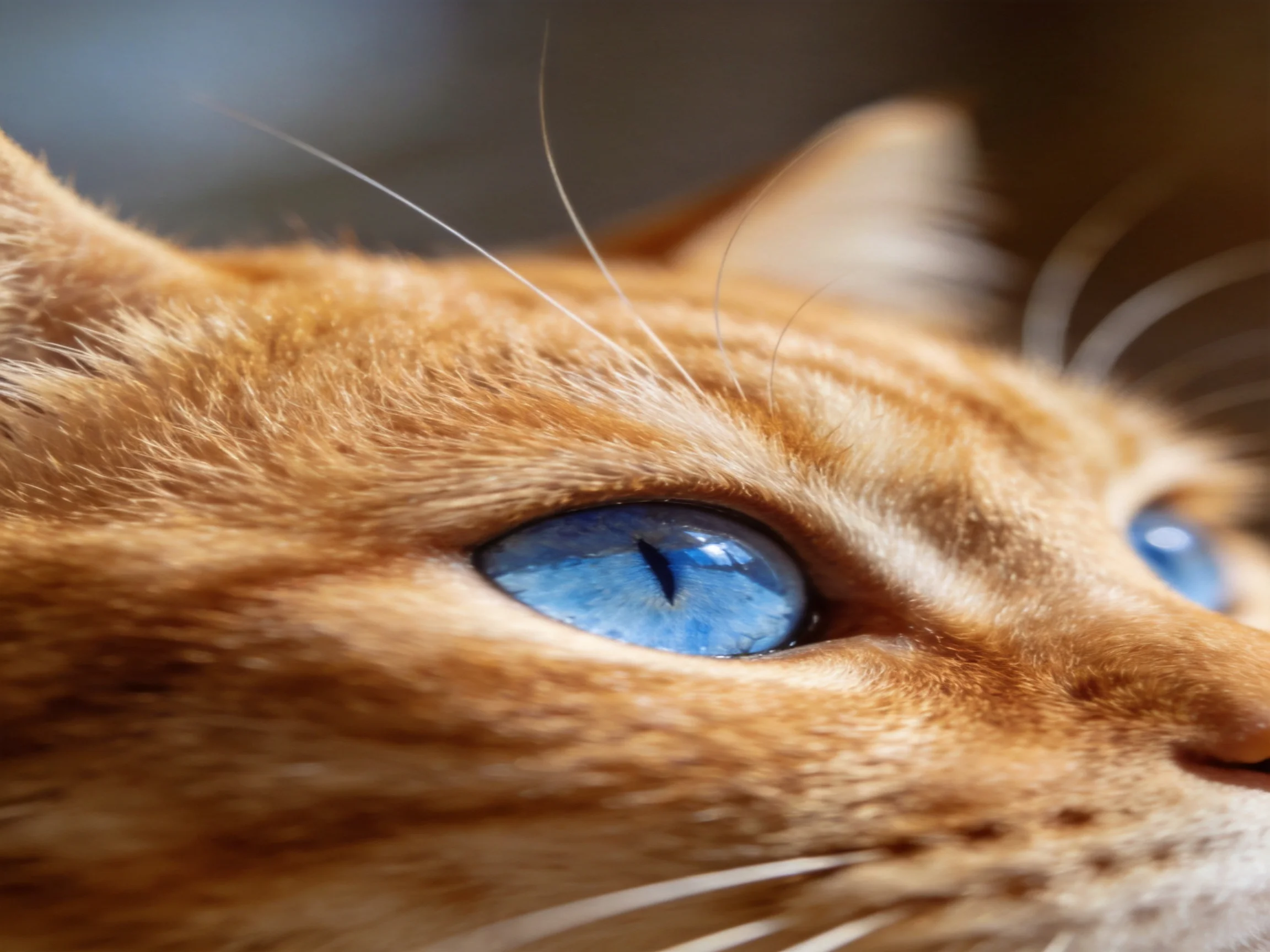 A close - up view of an orange cat with bright blue eyes focuses on its facial features.
