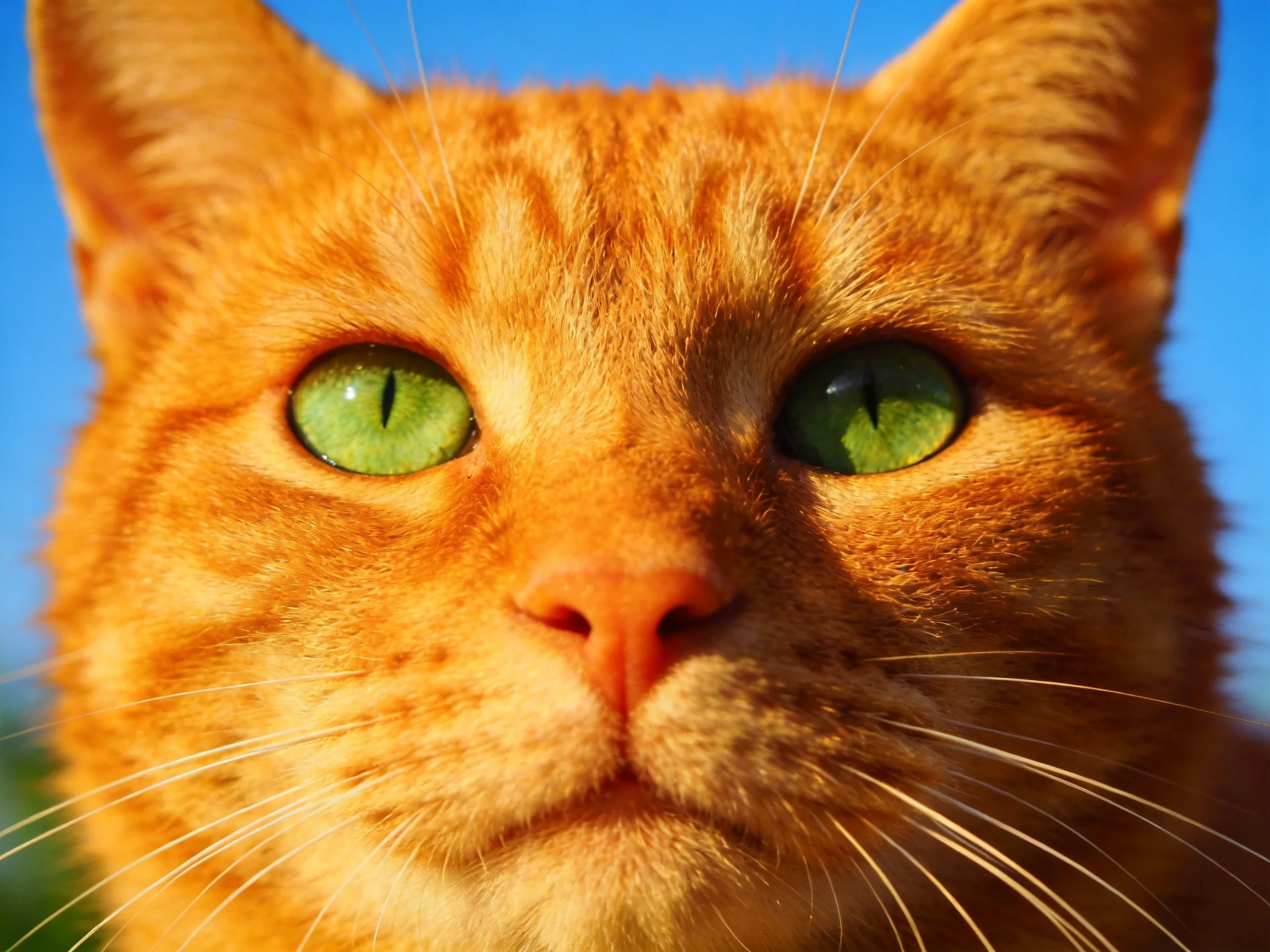 A close - up shows an orange tabby cat with green eyes against a blue sky.