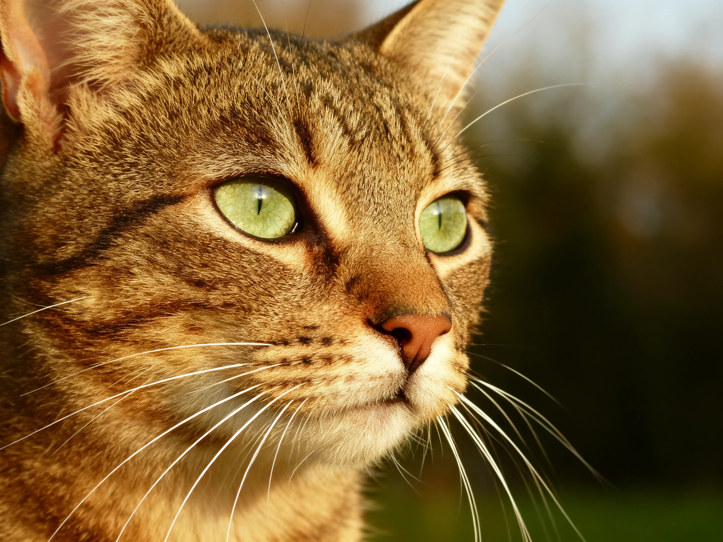 A brown tabby cat with green eyes is shown in a close - up photograph.