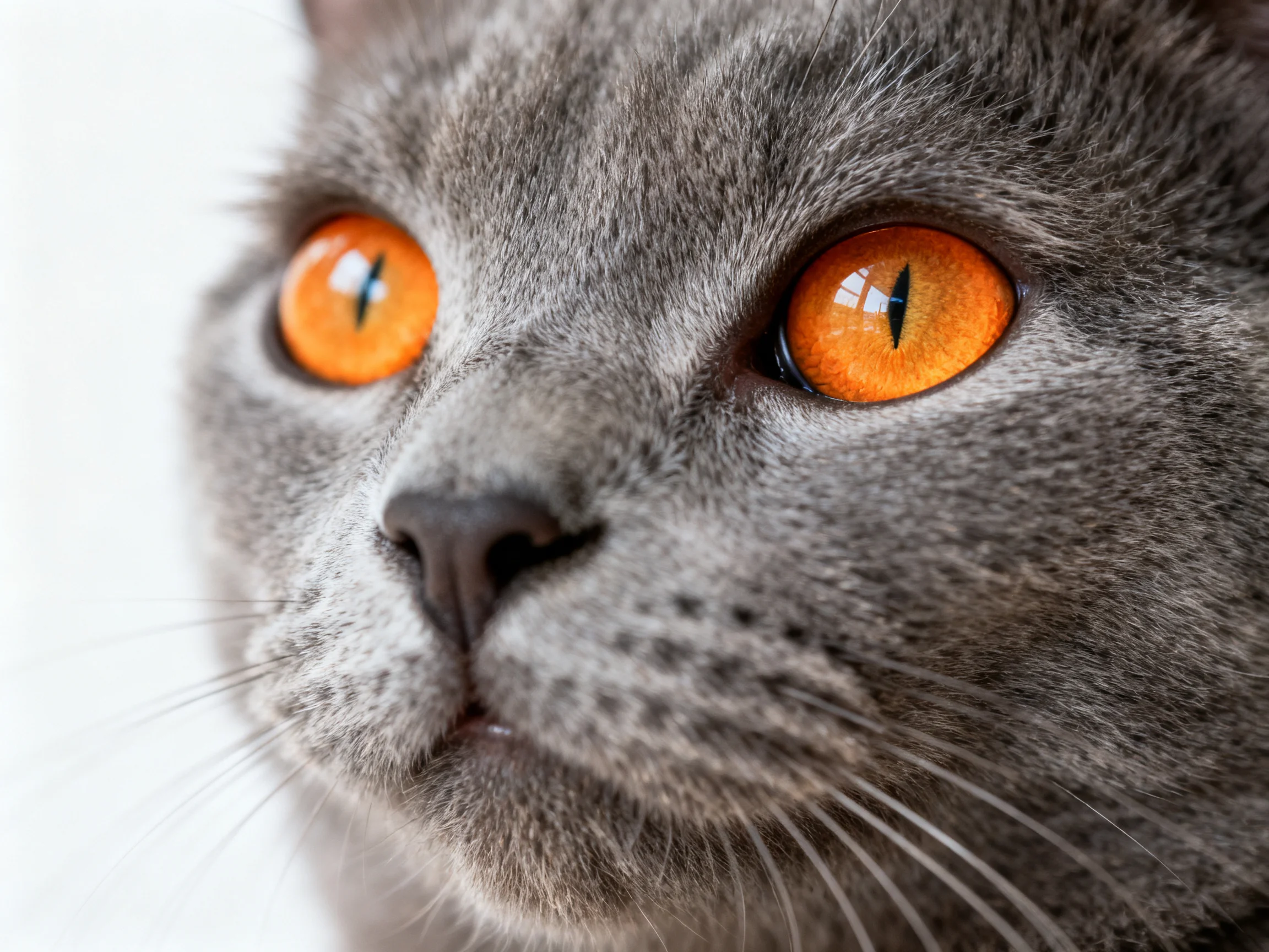 A gray cat with bright orange eyes is shown in a close - up view.
