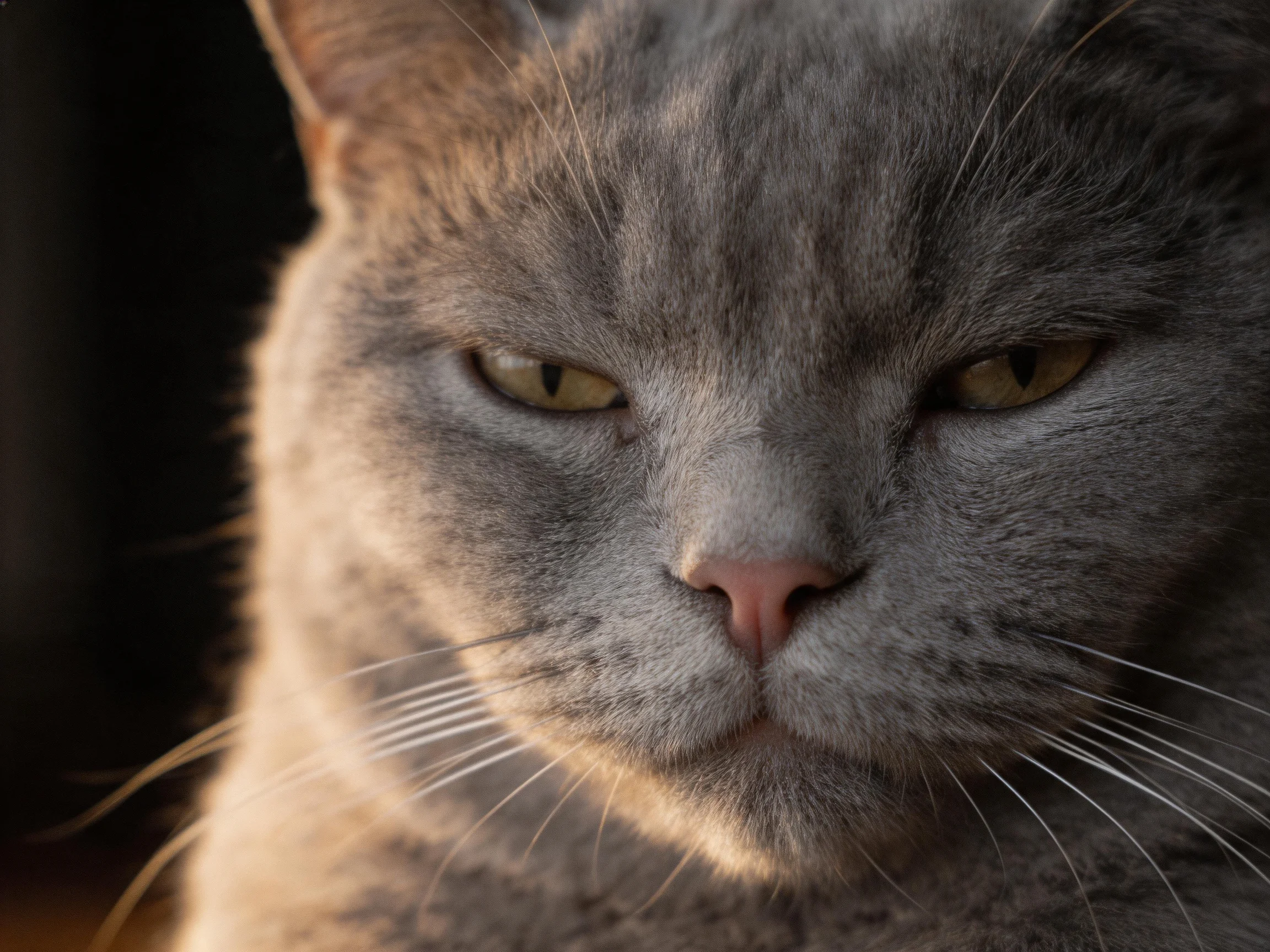 Gray cat with yellow eyes shown in a close - up view