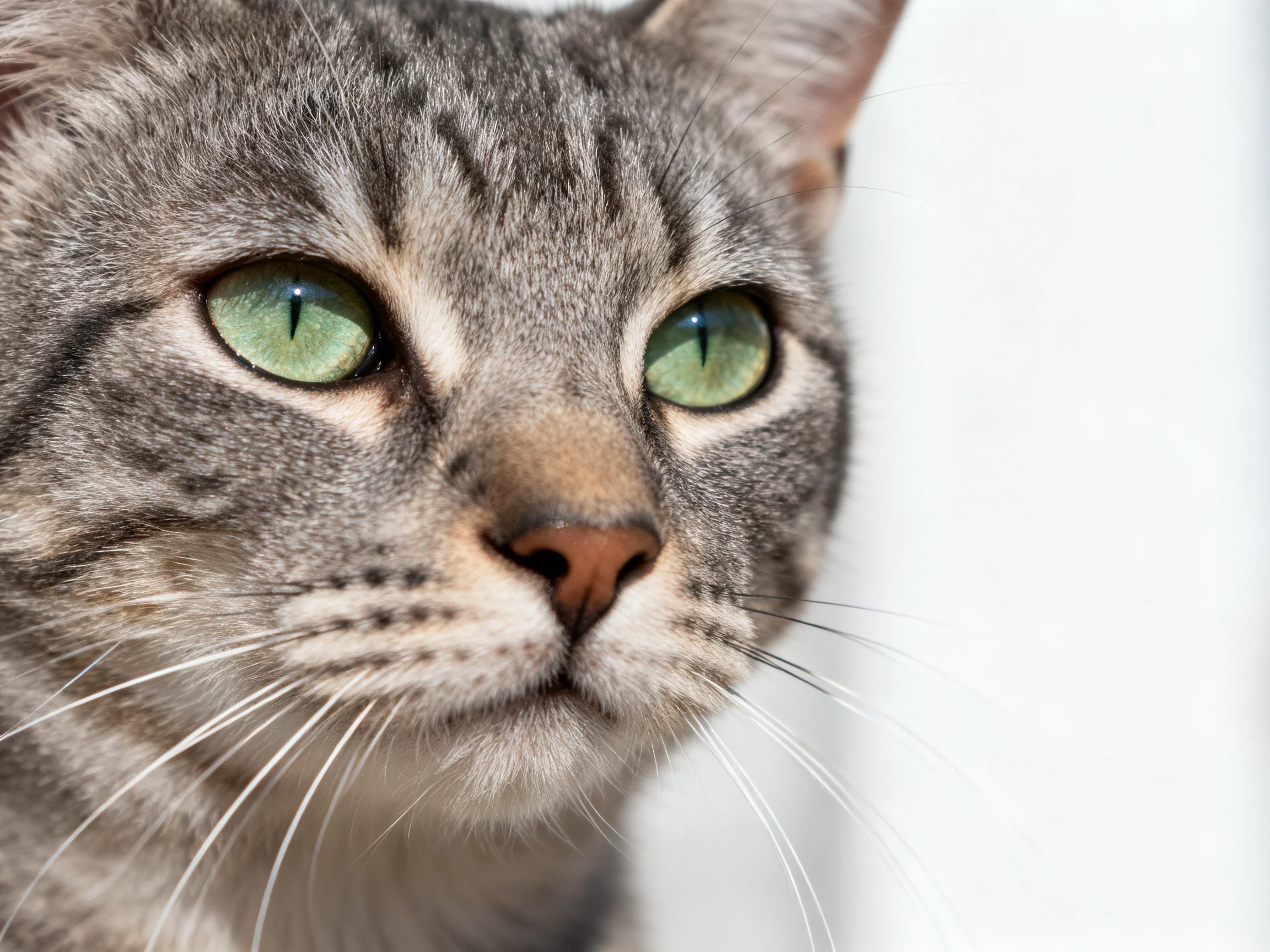 Close - up portrait of a gray tabby cat with bright green eyes
