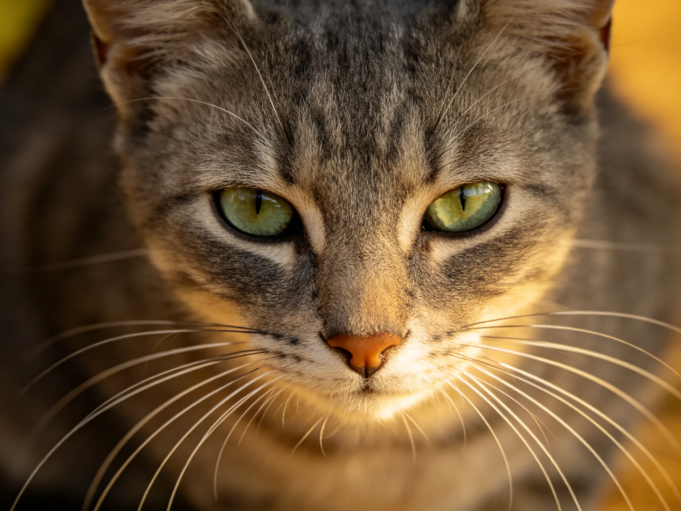 A close - up reveals a gray tabby cat with bright green eyes.