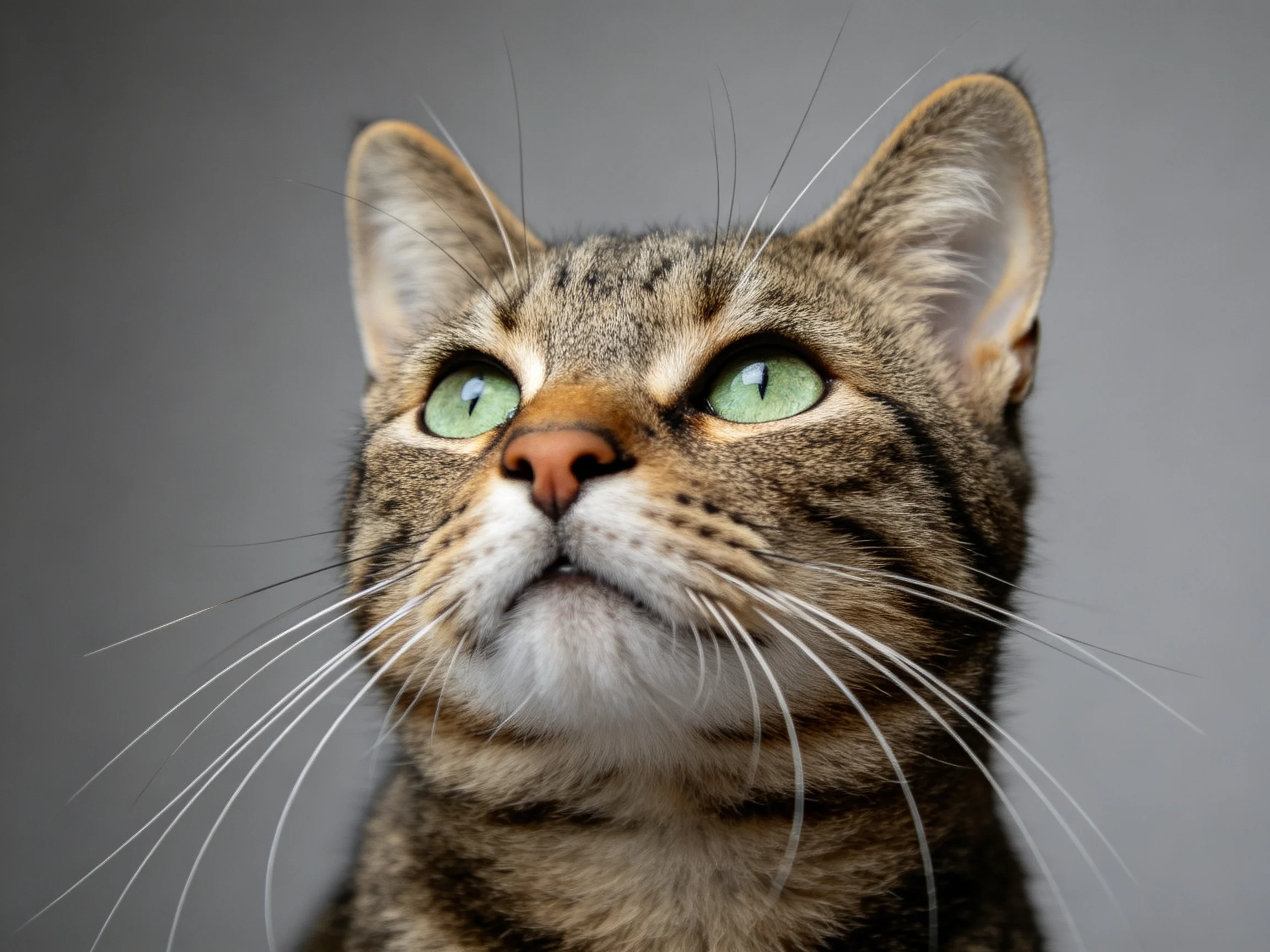 A tabby cat with bright green eyes looks upward in a close - up photograph.
