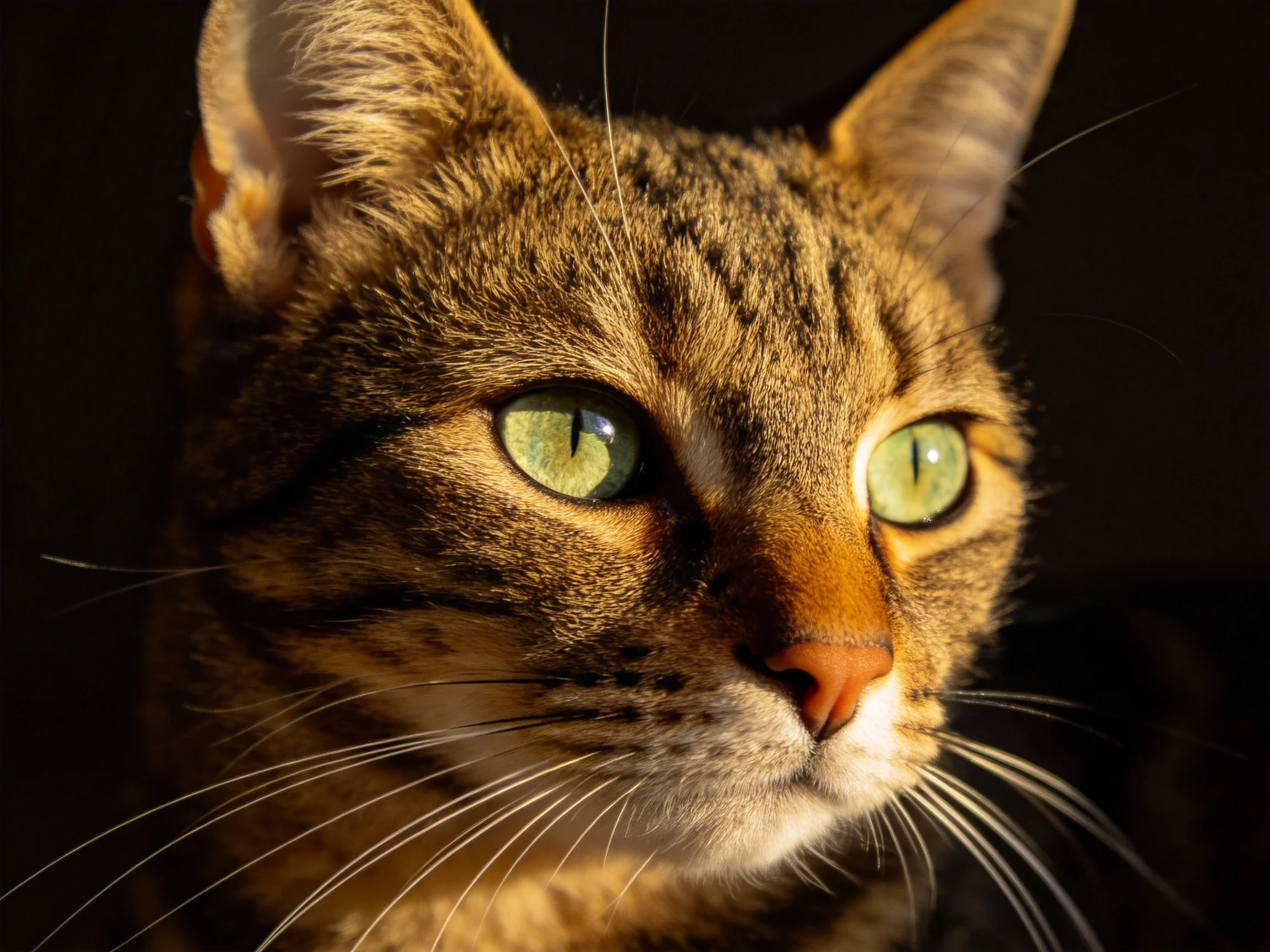 A close - up of a tabby cat with bright green eyes against a dark backdrop.