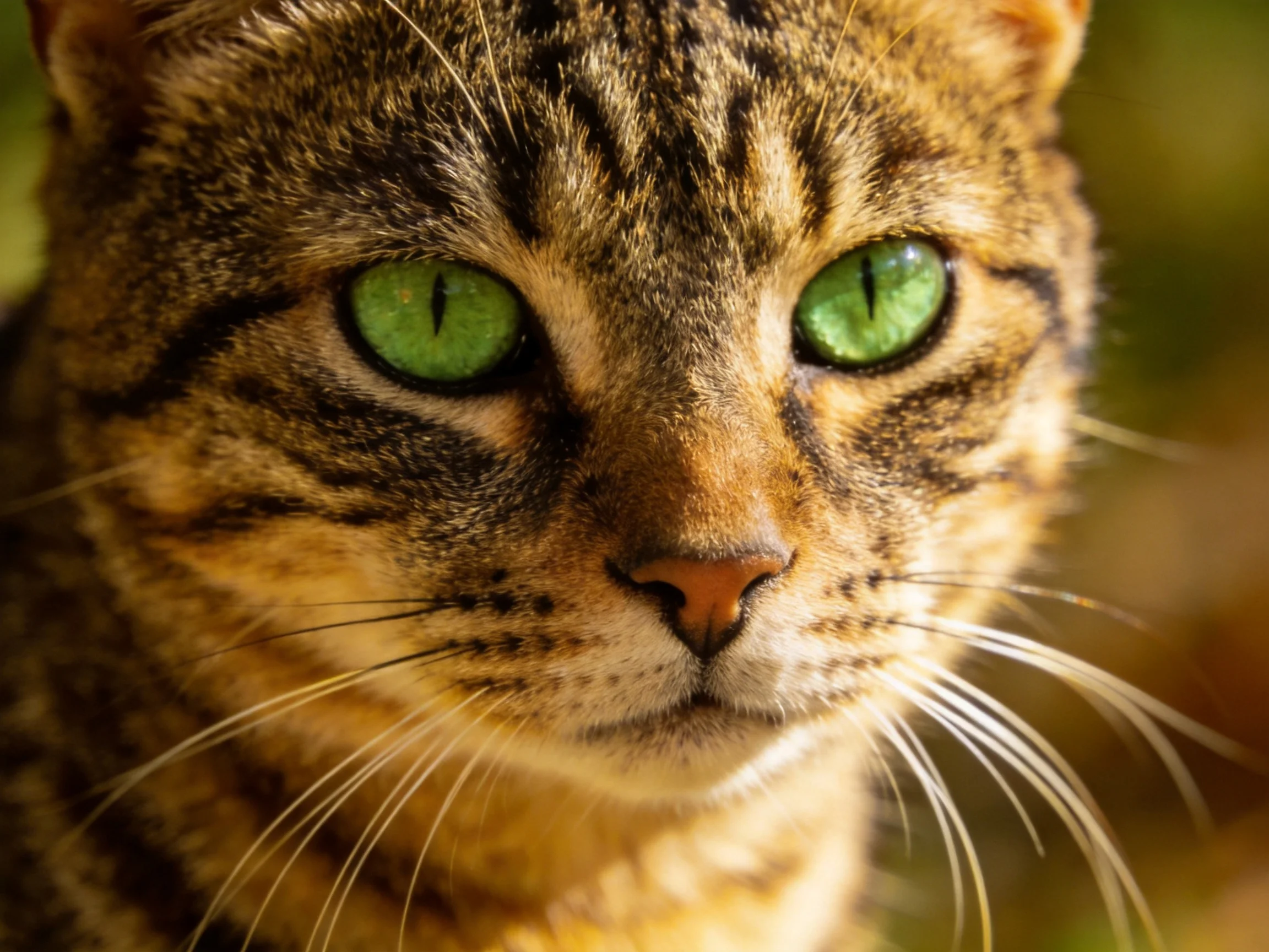 A tabby cat with bright green eyes is shown in a close - up photograph.