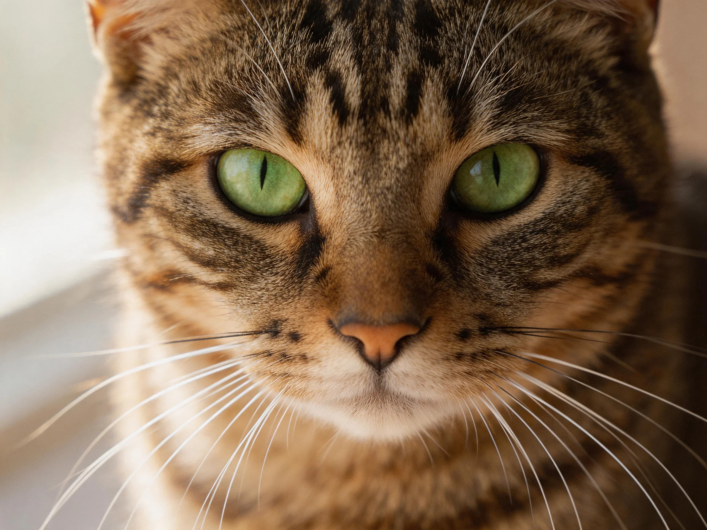 Close - up portrait of a tabby cat with bright green eyes