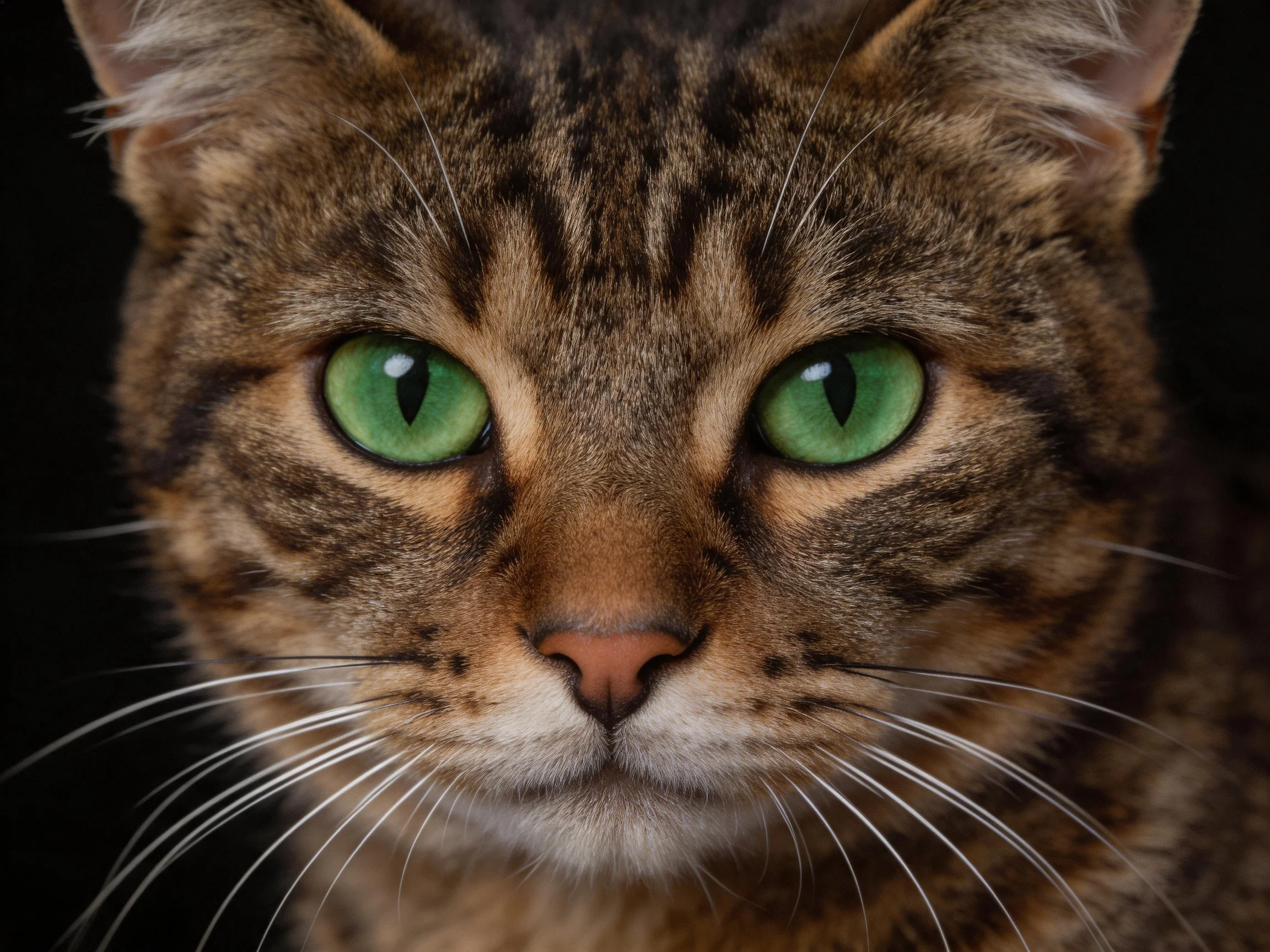 Close - up portrait of a tabby cat with bright green eyes
