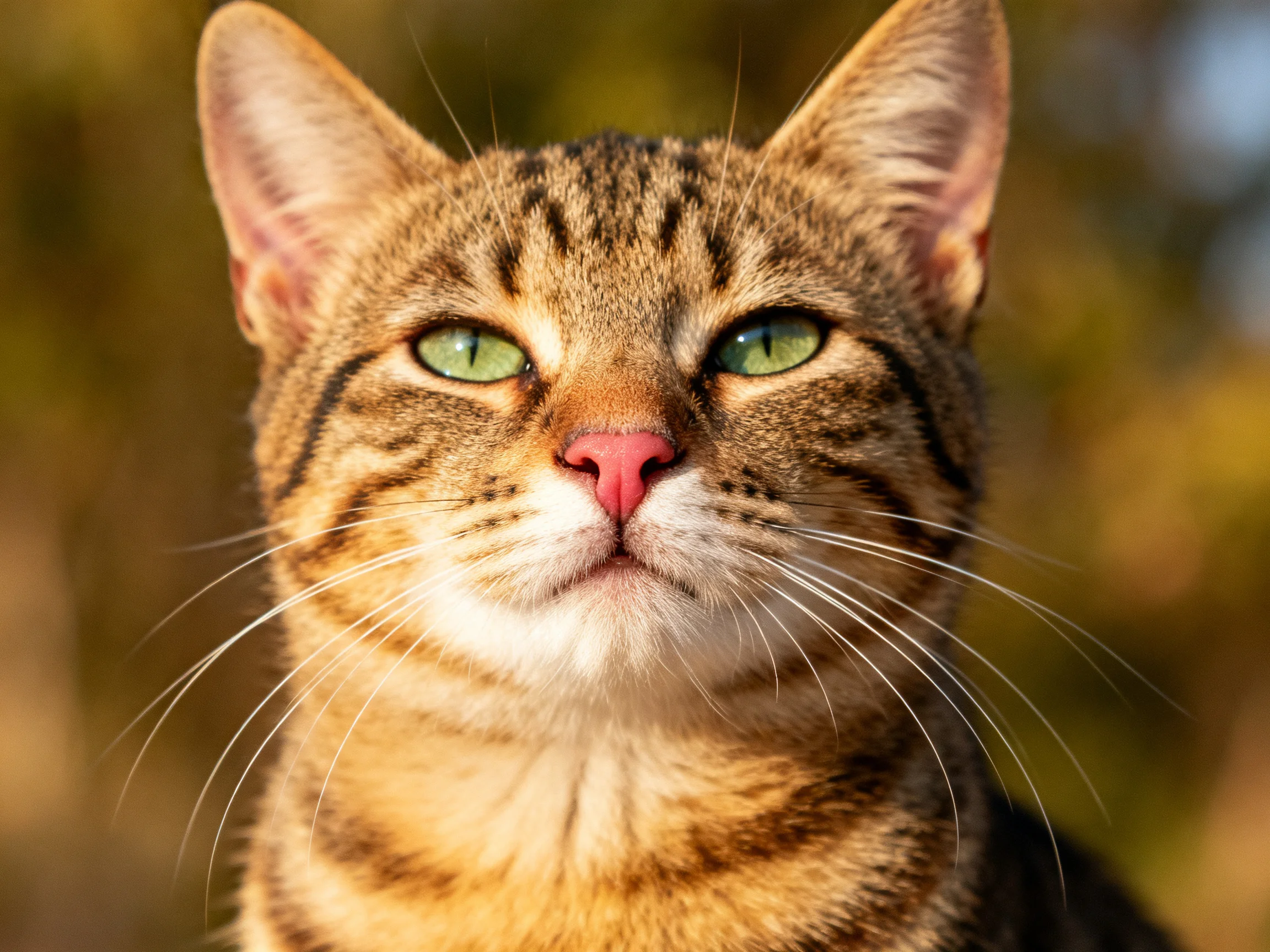 A tabby cat with green eyes is shown in a close - up photograph.
