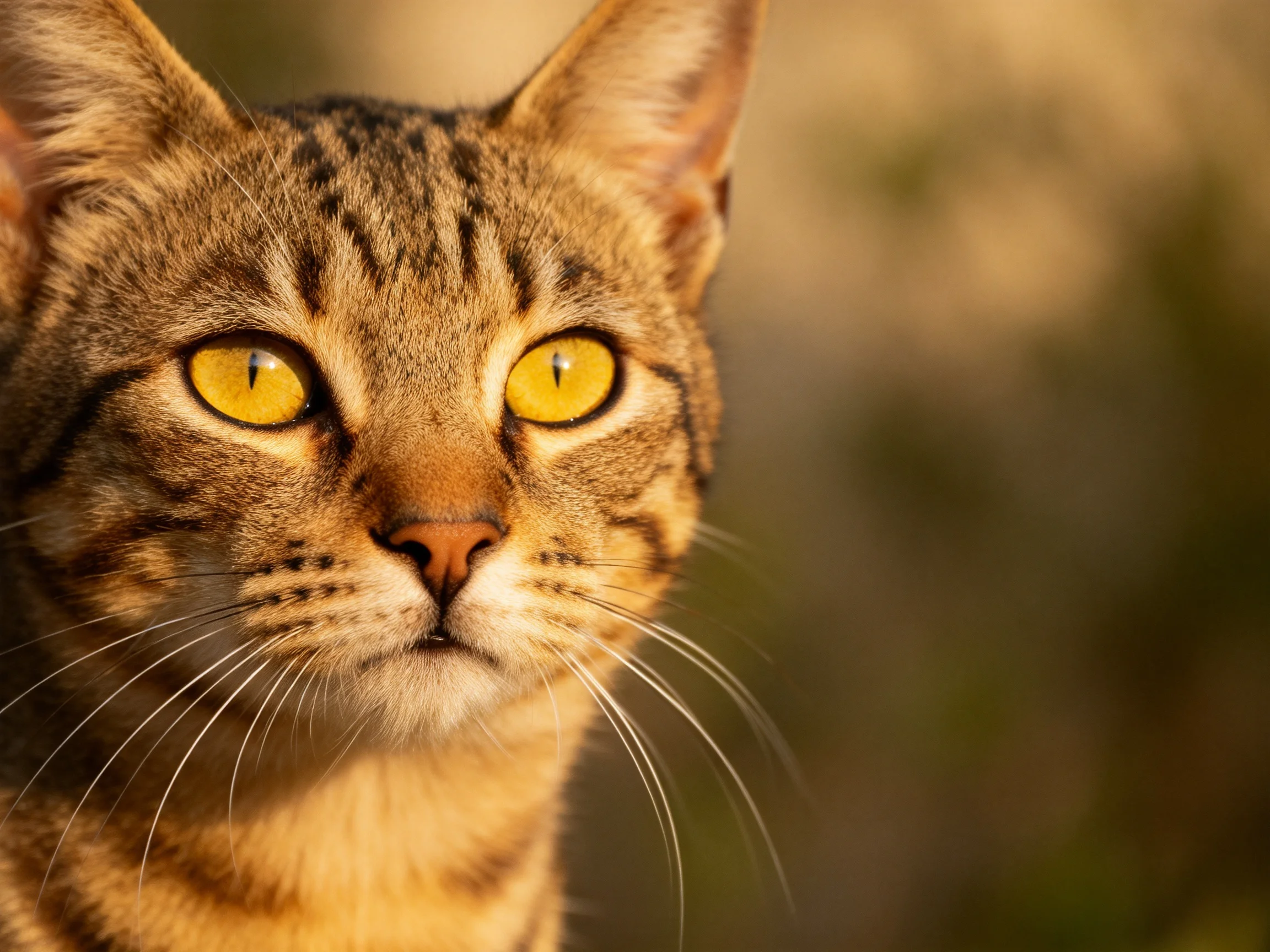 A close - up shows a tabby cat with vivid yellow eyes.