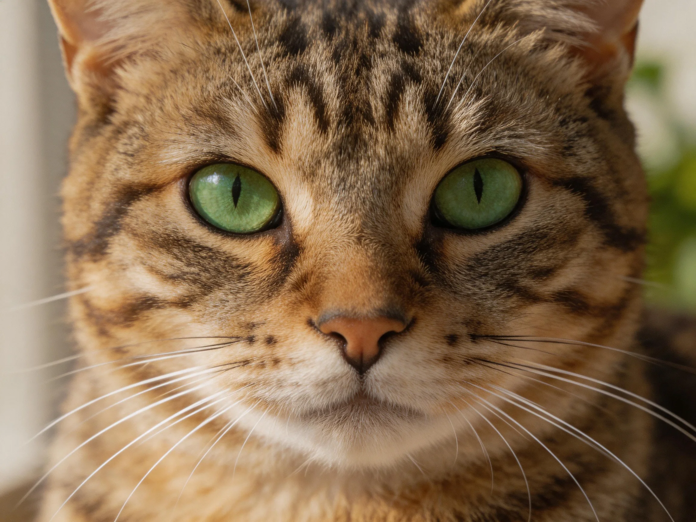 A close - up showcases a tabby cat with vivid green eyes.