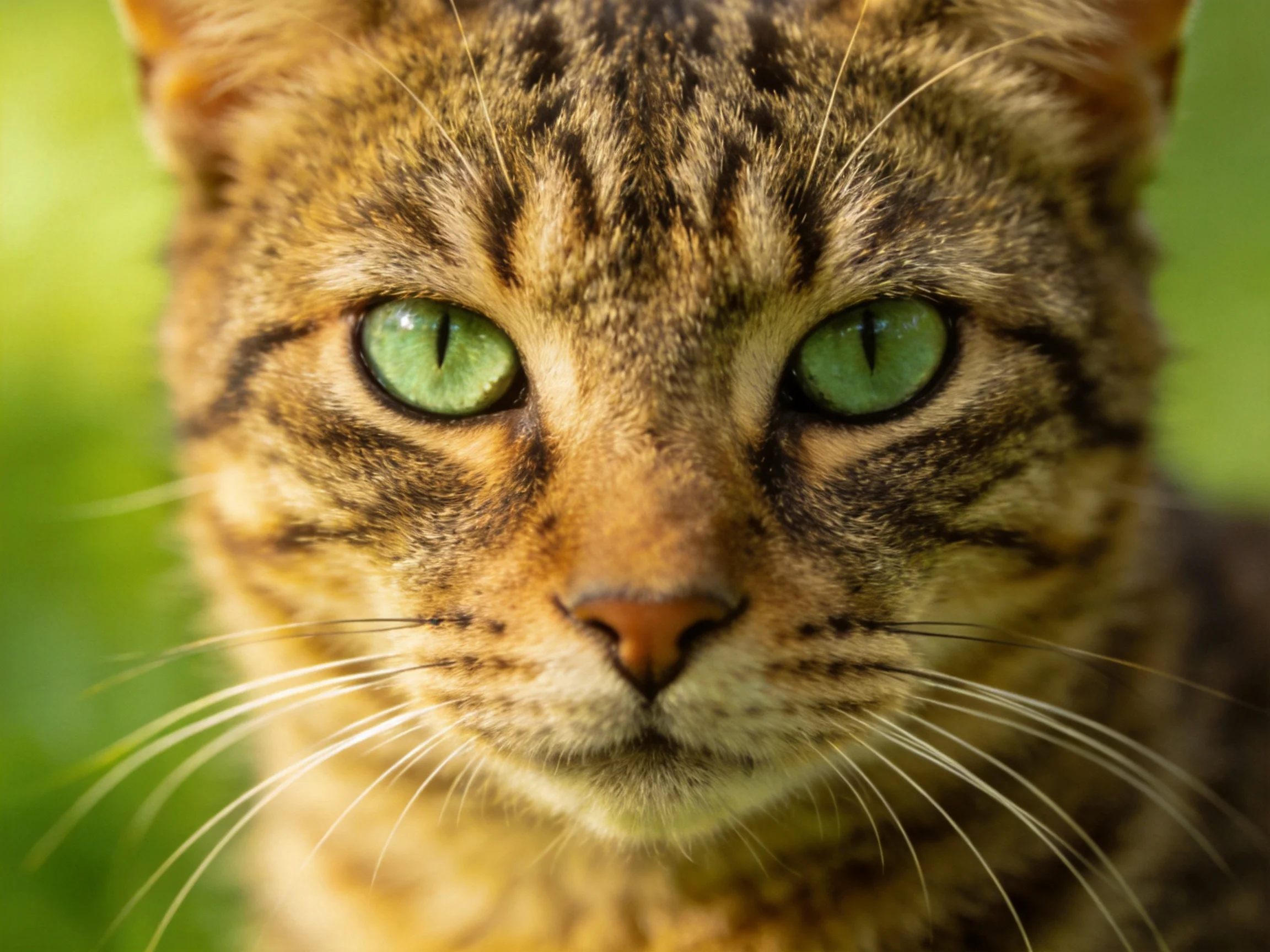 A tabby cat with bright green eyes is shown in a close - up photograph.