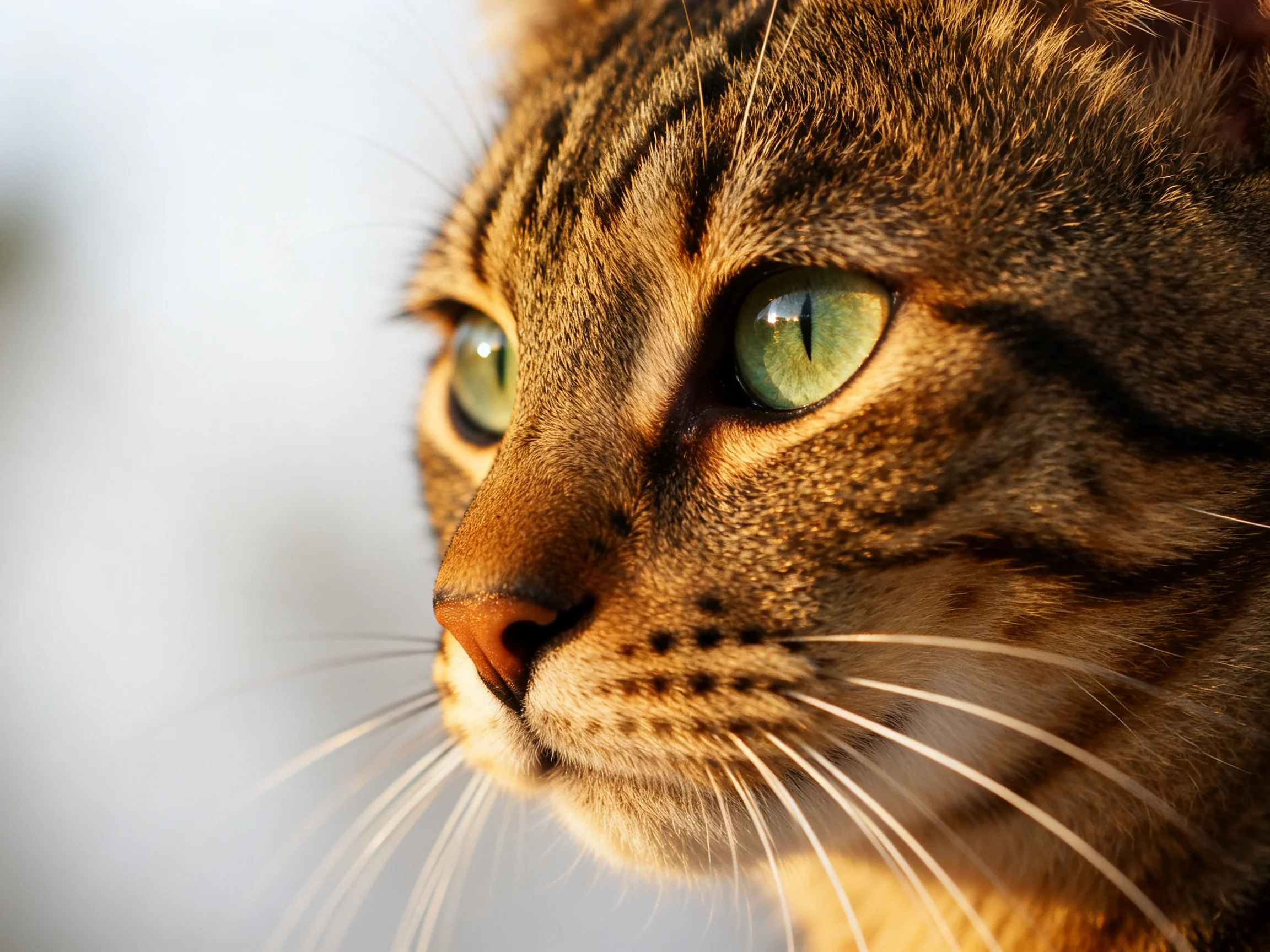 A detailed view of a tabby cat with bright green eyes looking ahead.