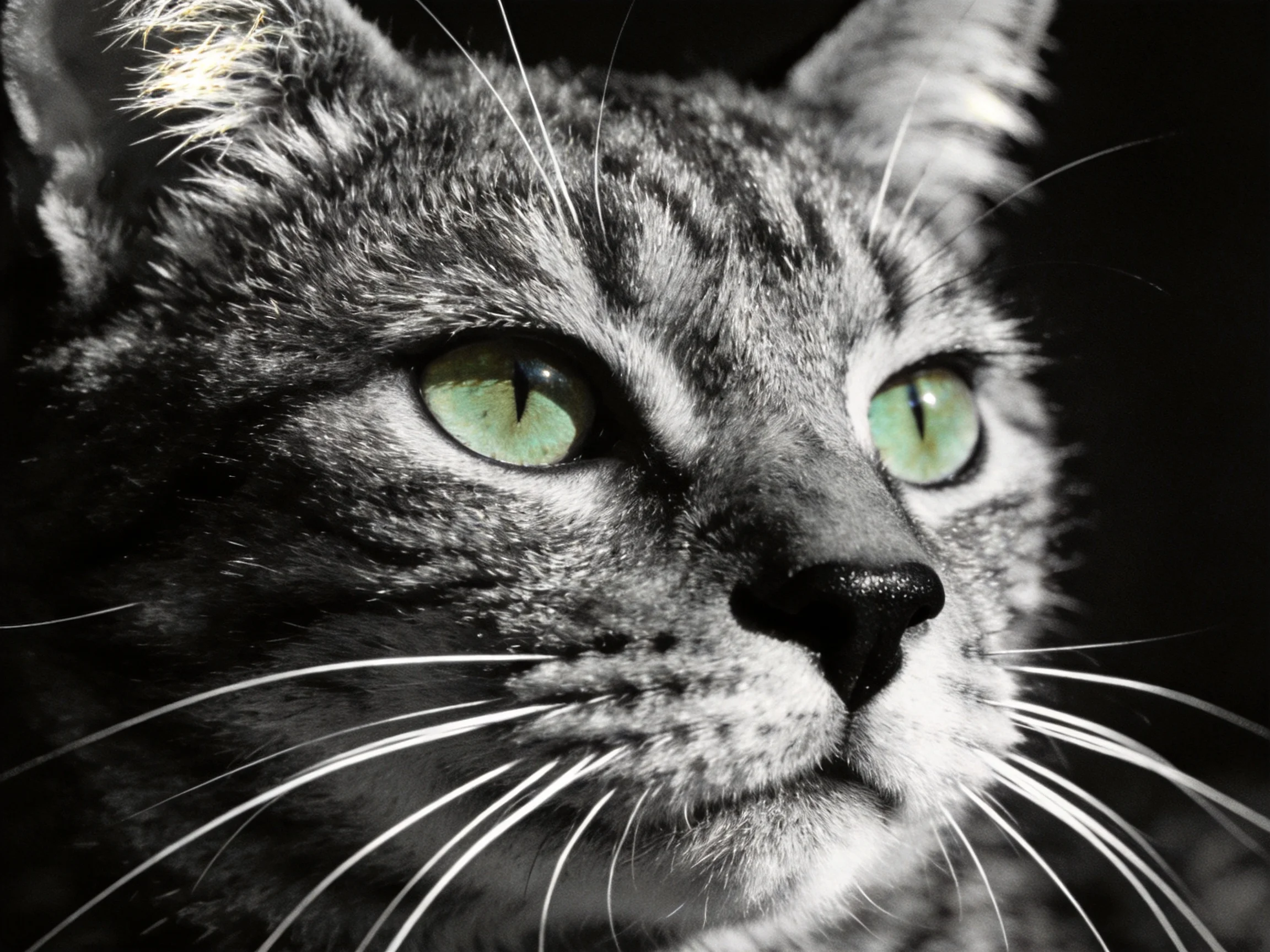 A cat with bright green eyes is featured in a close - up photograph.