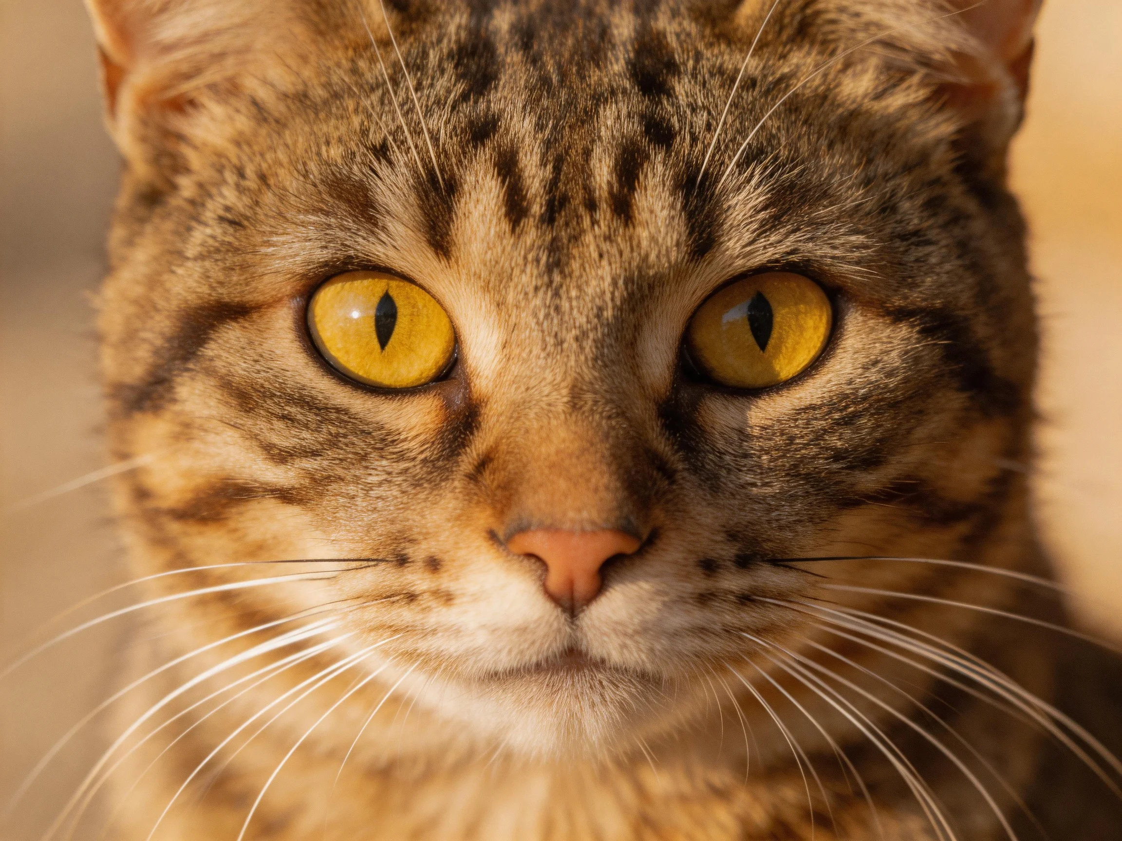 A close - up view of a tabby cat with striking yellow eyes.