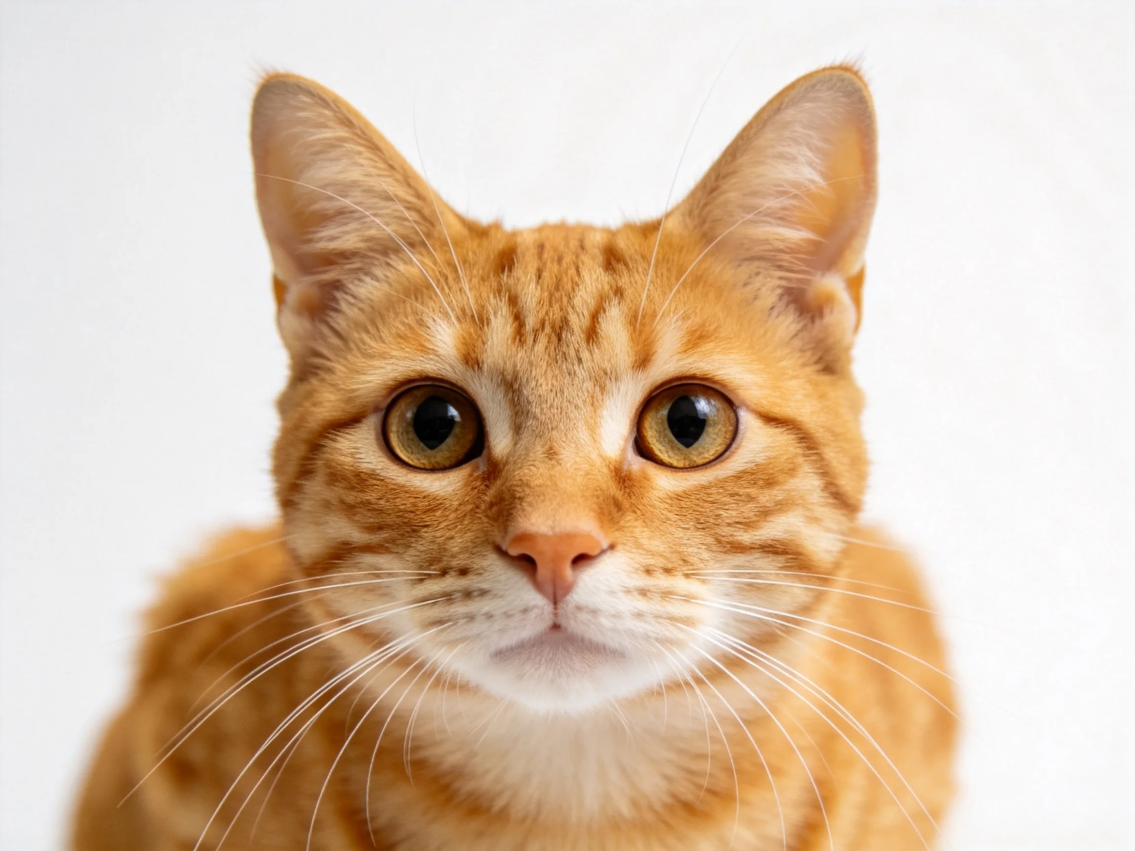 A close - up of an orange tabby cat with wide eyes is displayed against a white backdrop.