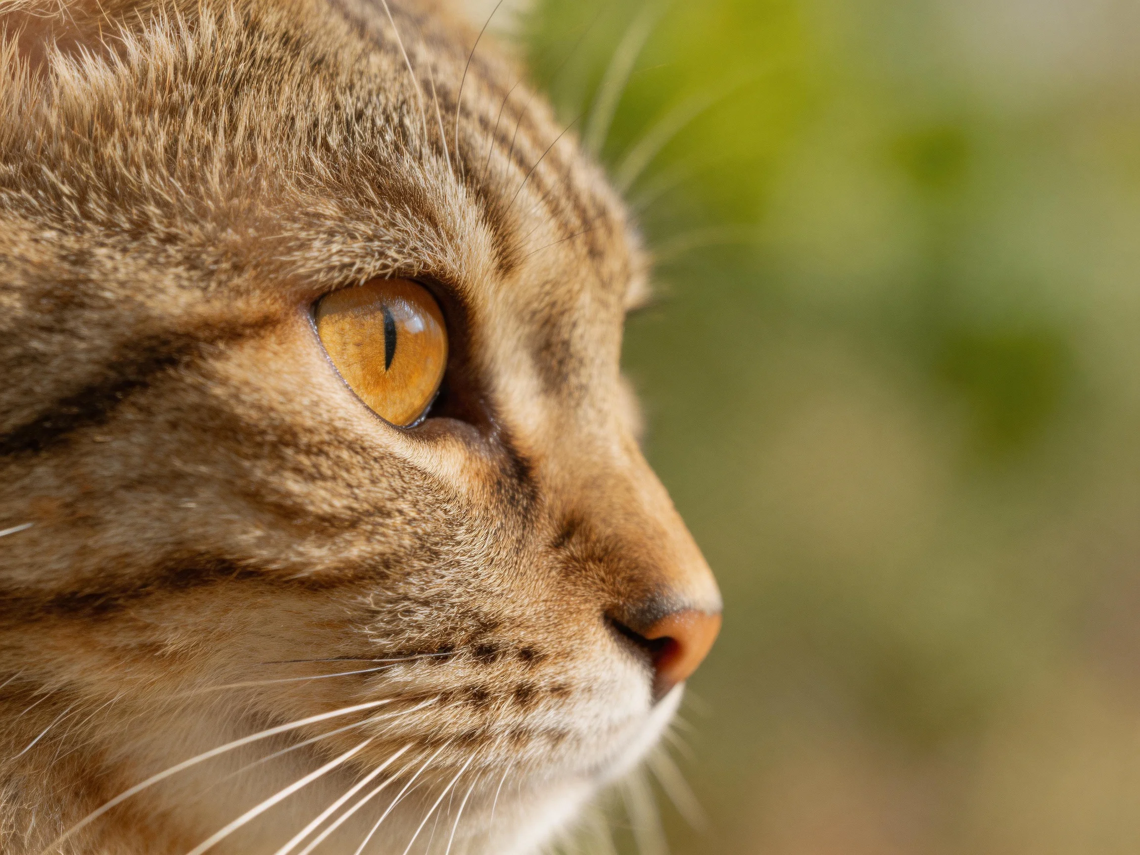 Close - up profile of a brown tabby cat with amber eyes