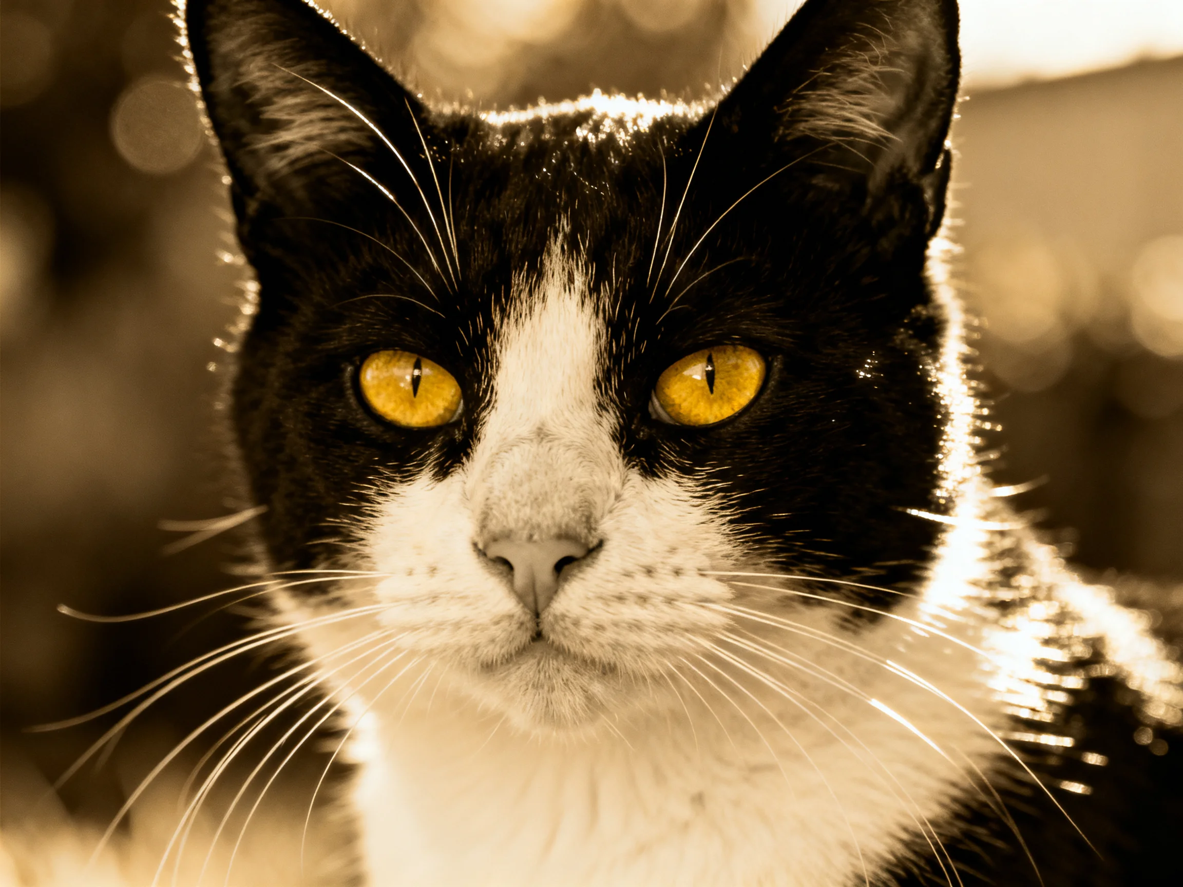 A close-up captures a black and white cat with striking yellow eyes.