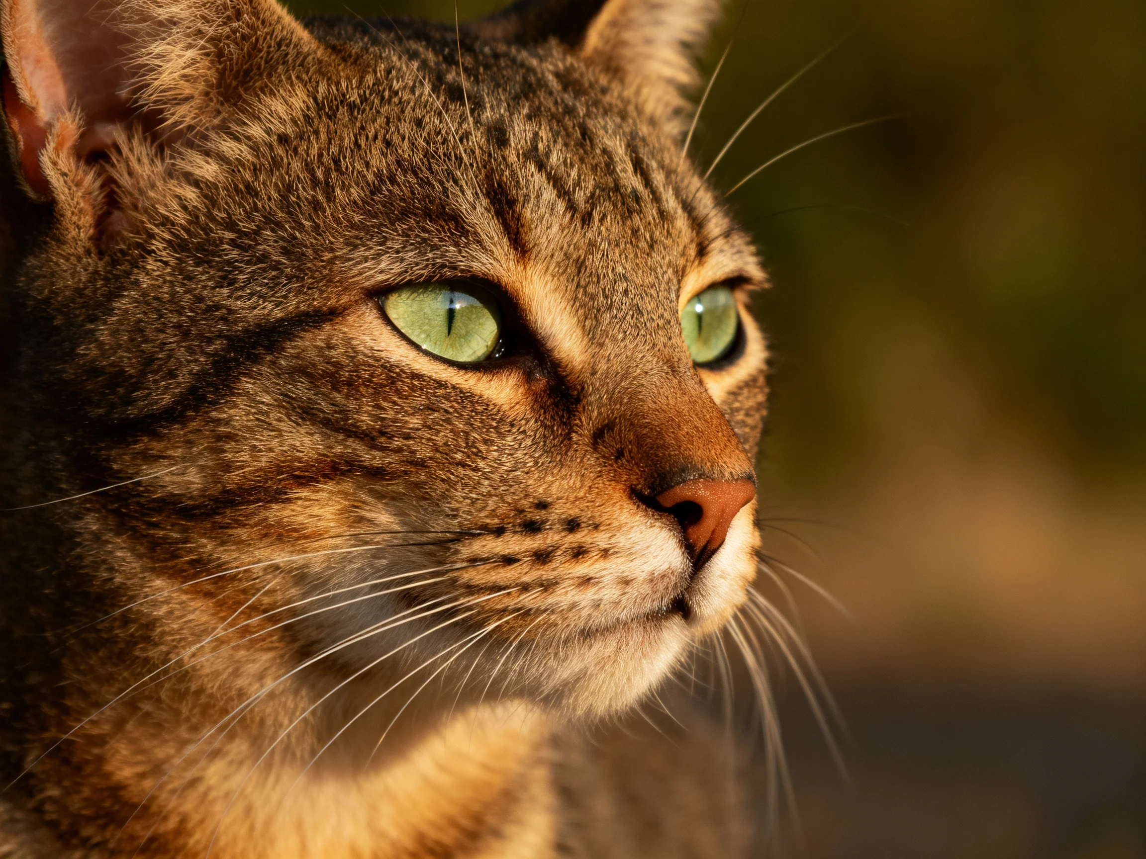 A close-up of a brown tabby cat with green eyes in soft lighting