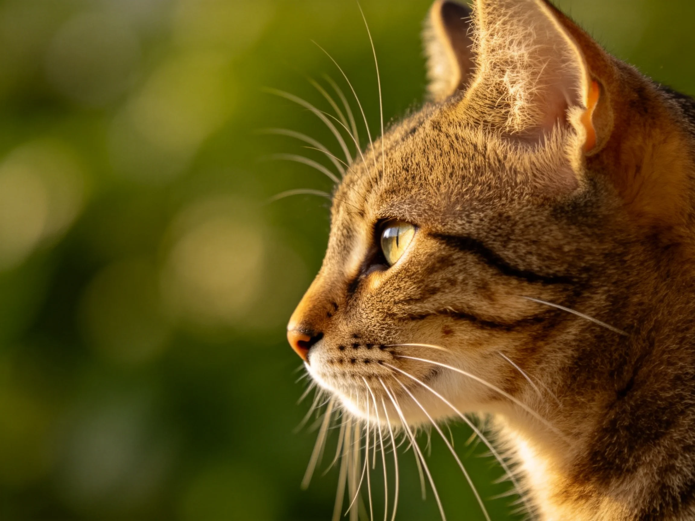 A brown tabby cat gazes into the distance with a blurred green background.