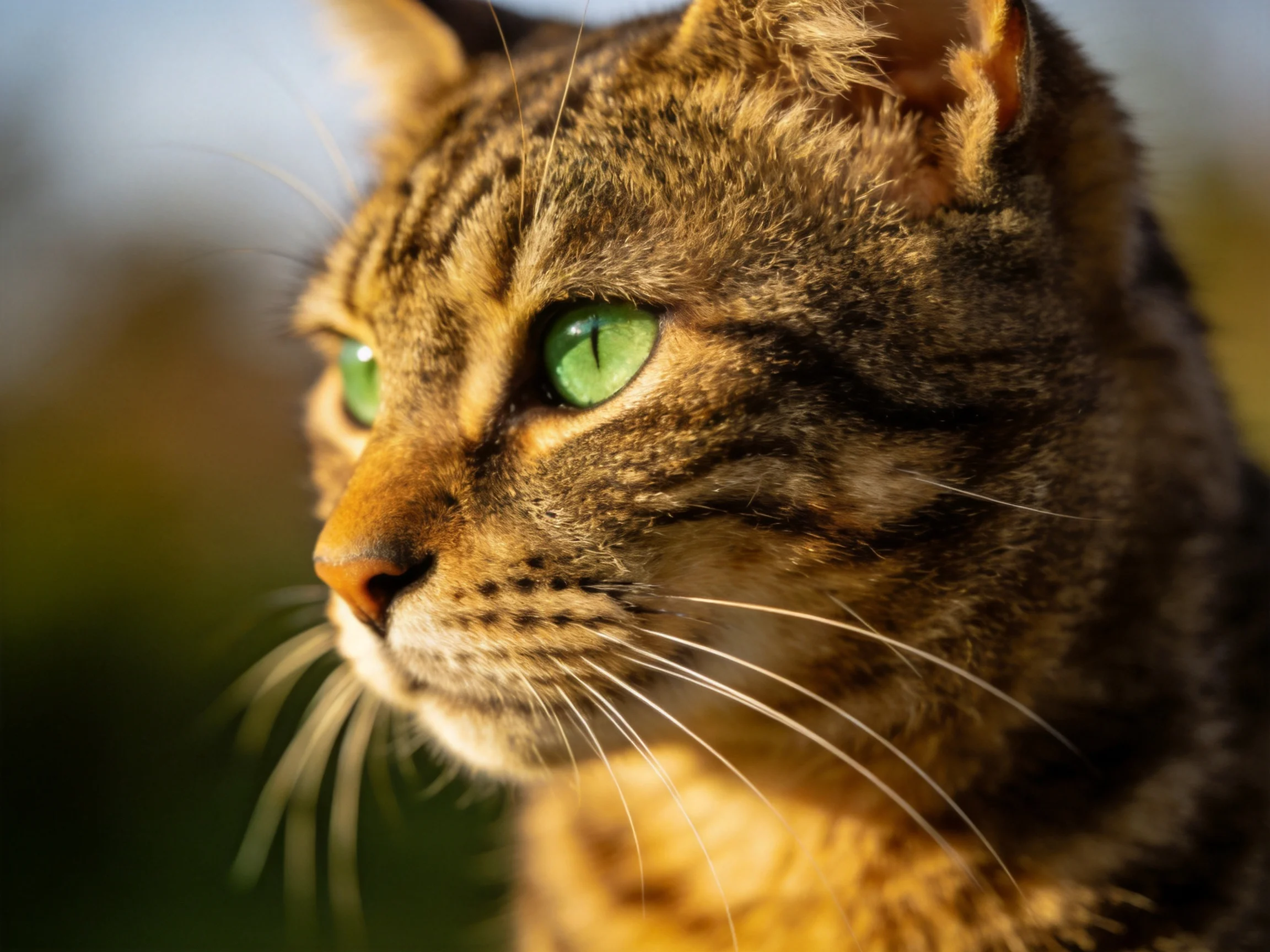A close-up focuses on a brown tabby cat with bright green eyes looking away.