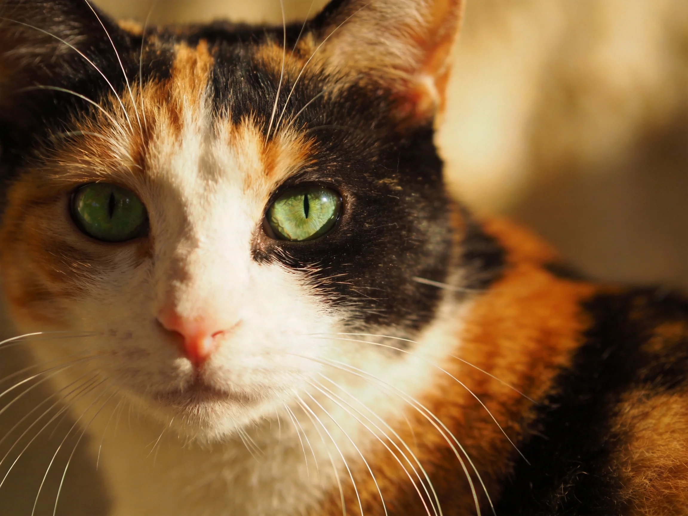 A close-up view of a calico cat with striking green eyes.